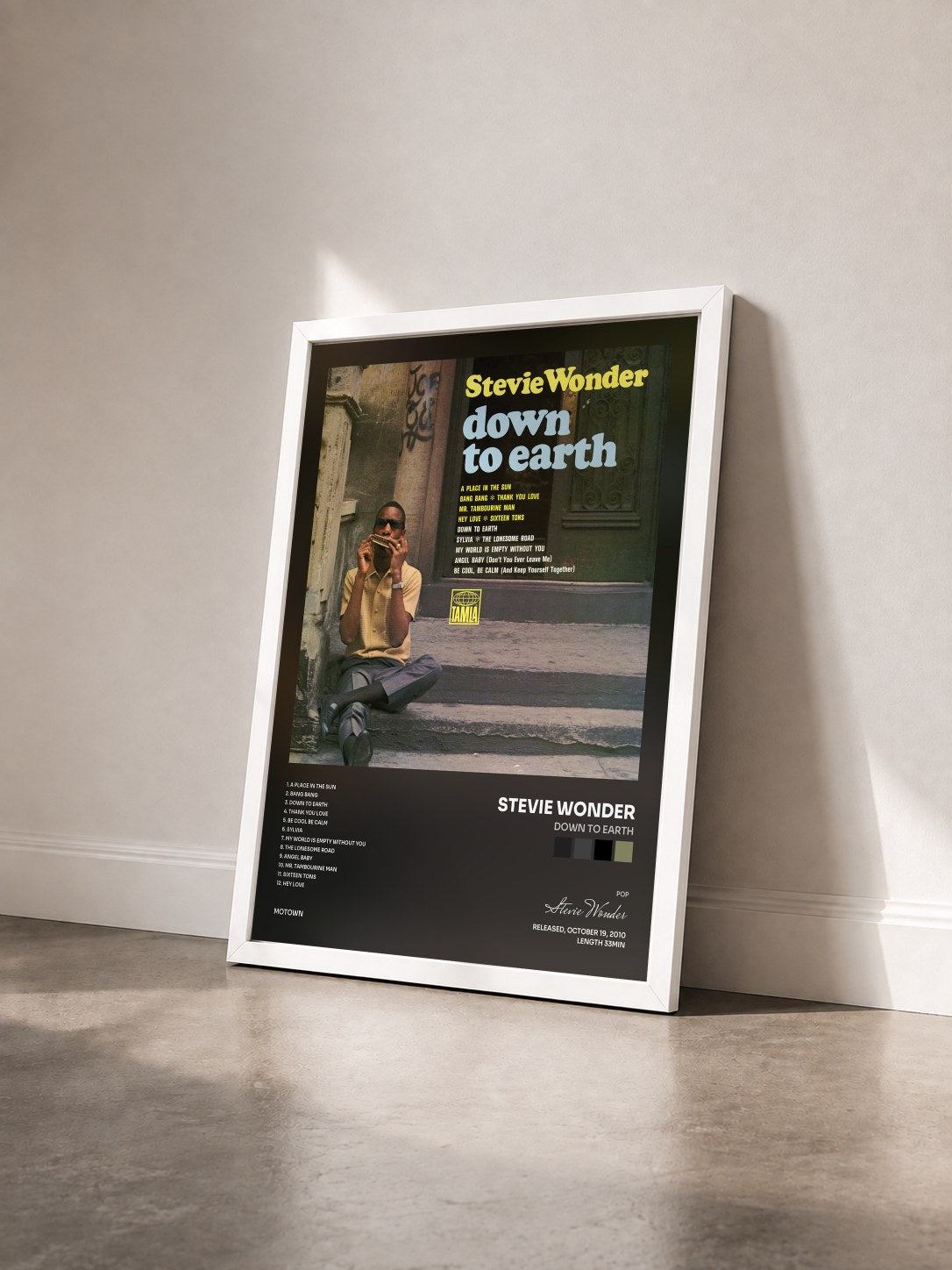 #blanc Tableau de l'album Down To Earth de Stevie Wonder vu de trois quarts, cadre blanc