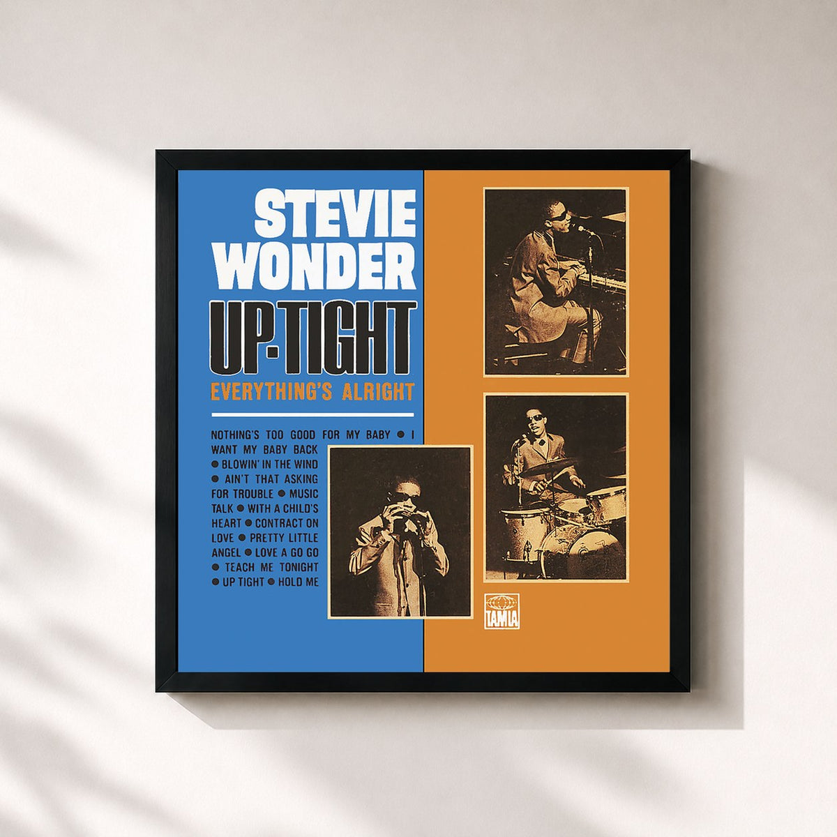 #noir Tableau carré de l'album Up-Tight de Stevie Wonder, cadre noir 32x32 cm