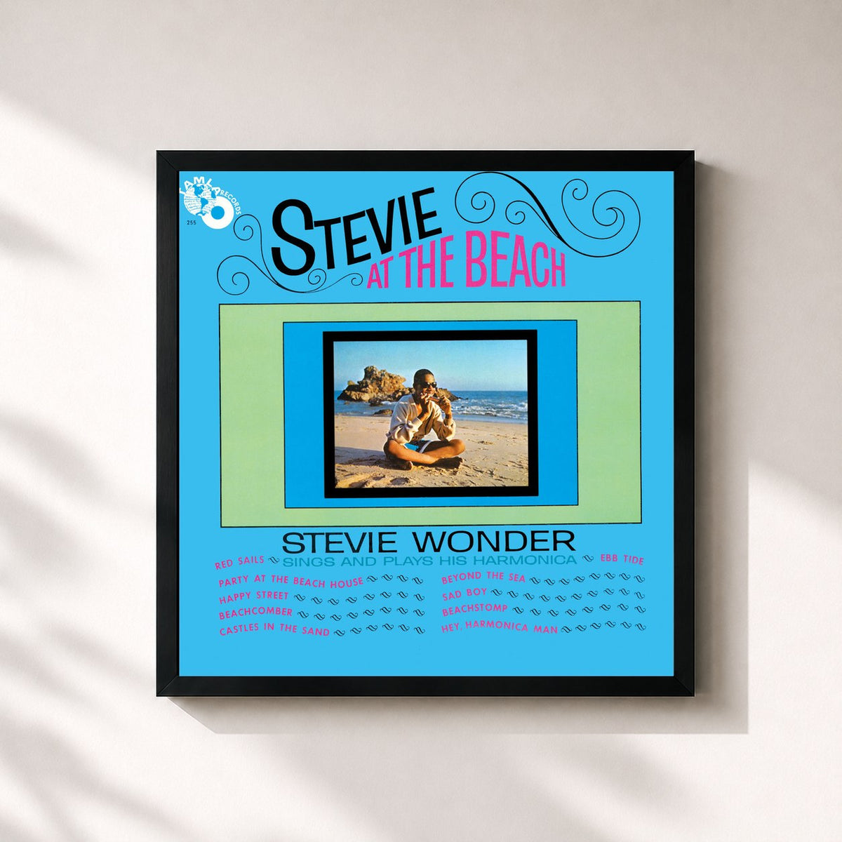 #noir Tableau carré de l'album Stevie At The Beach de Stevie Wonder, cadre noir 32x32 cm
