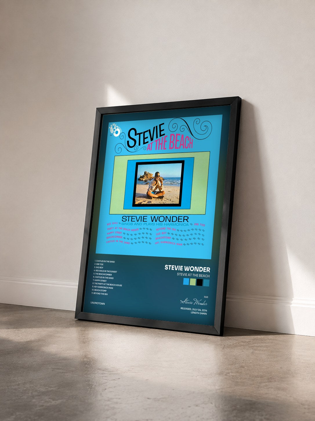 #noir Tableau de l'album Stevie At The Beach de Stevie Wonder vu de trois quarts, cadre noir