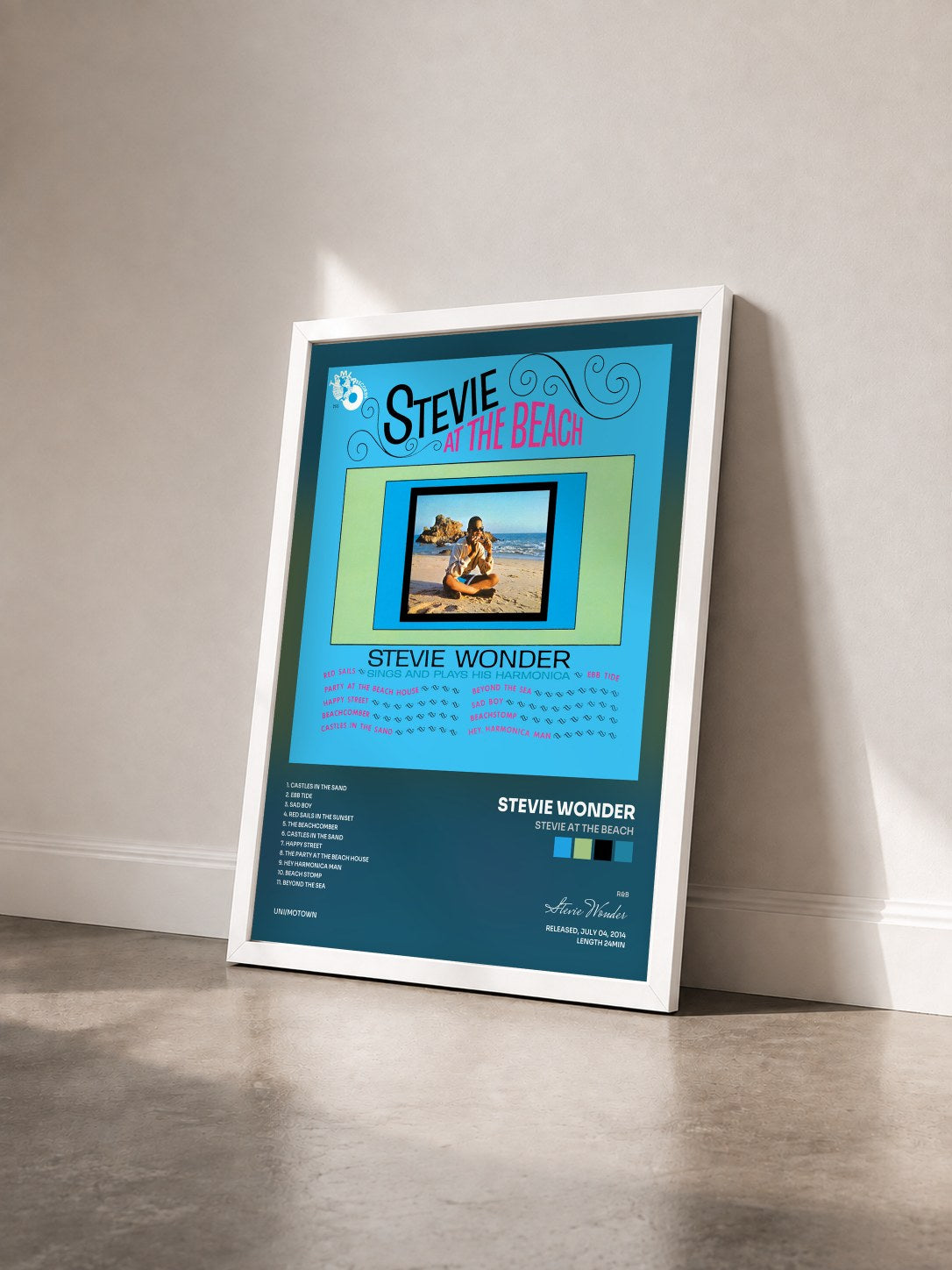 #blanc Tableau de l'album Stevie At The Beach de Stevie Wonder vu de trois quarts, cadre blanc