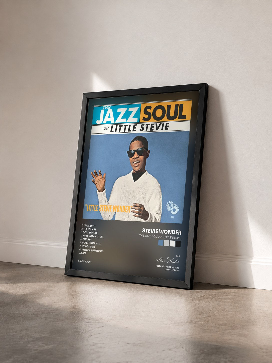 #noir Tableau de l'album The Jazz Soul Of Little Stevie de Stevie Wonder vu de trois quarts, cadre noir