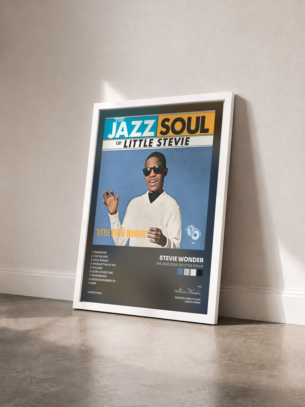 #blanc Tableau de l'album The Jazz Soul Of Little Stevie de Stevie Wonder vu de trois quarts, cadre blanc