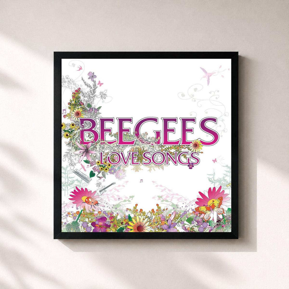 #noir Tableau carré de l'album Love Songs de Bee Gees, cadre noir 32x32 cm