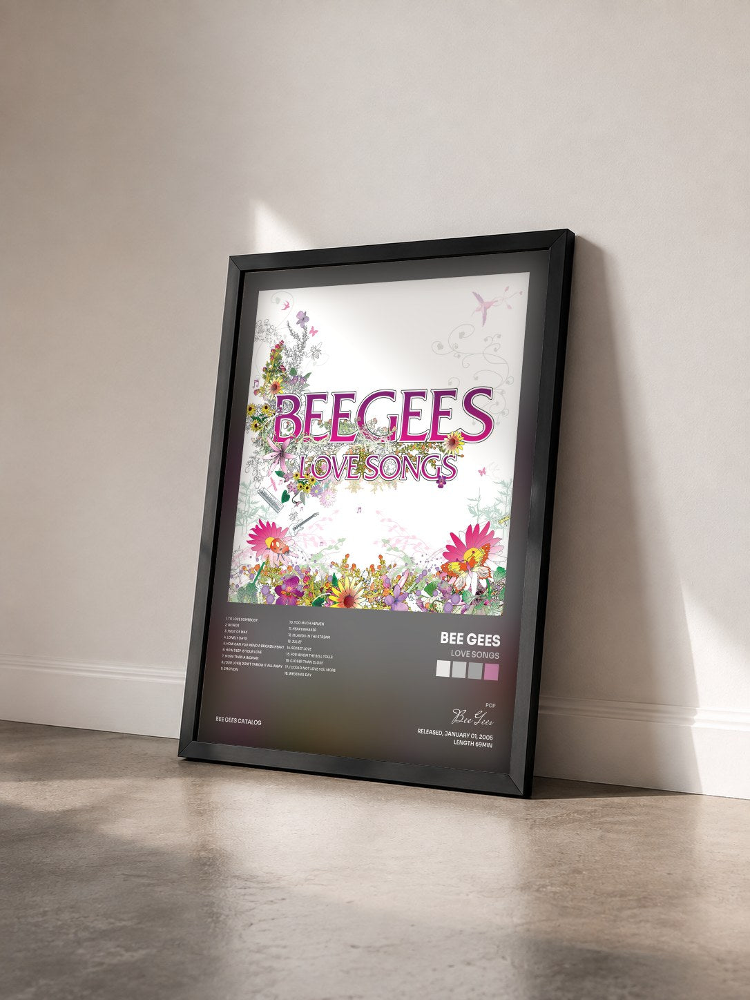 #noir Tableau de l'album Love Songs de Bee Gees vu de trois quarts, cadre noir
