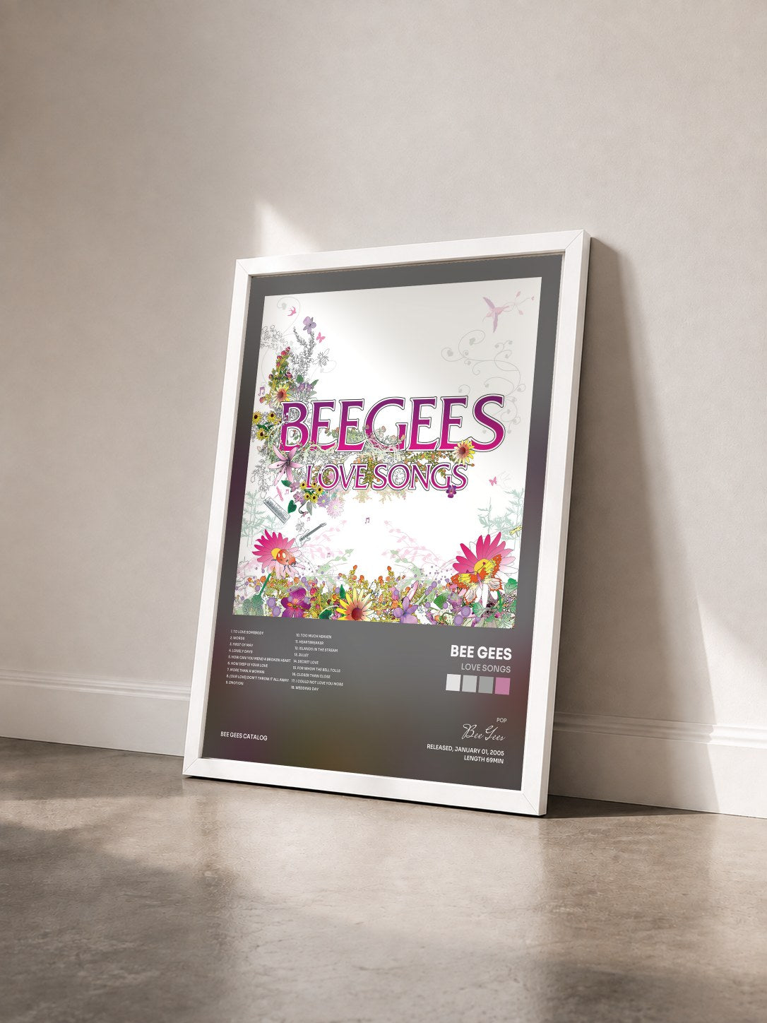 #blanc Tableau de l'album Love Songs de Bee Gees vu de trois quarts, cadre blanc