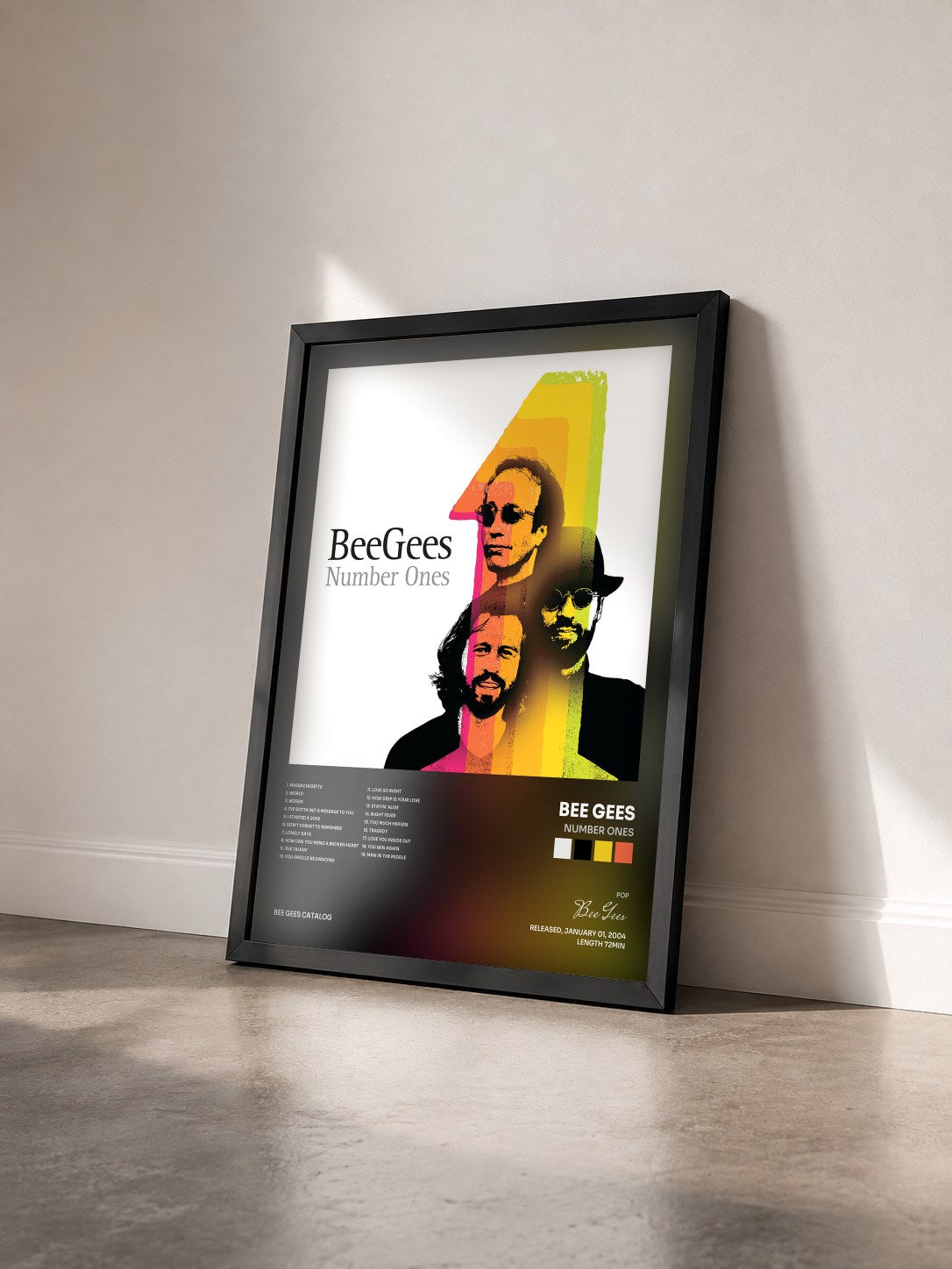 #noir Tableau de l'album Number Ones de Bee Gees vu de trois quarts, cadre noir