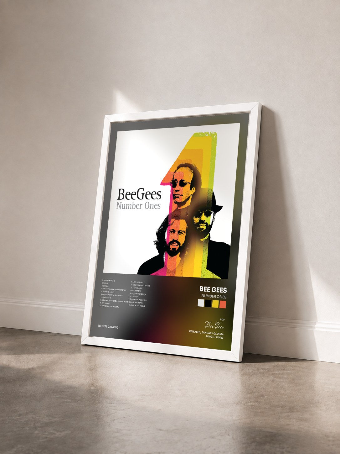 #blanc Tableau de l'album Number Ones de Bee Gees vu de trois quarts, cadre blanc