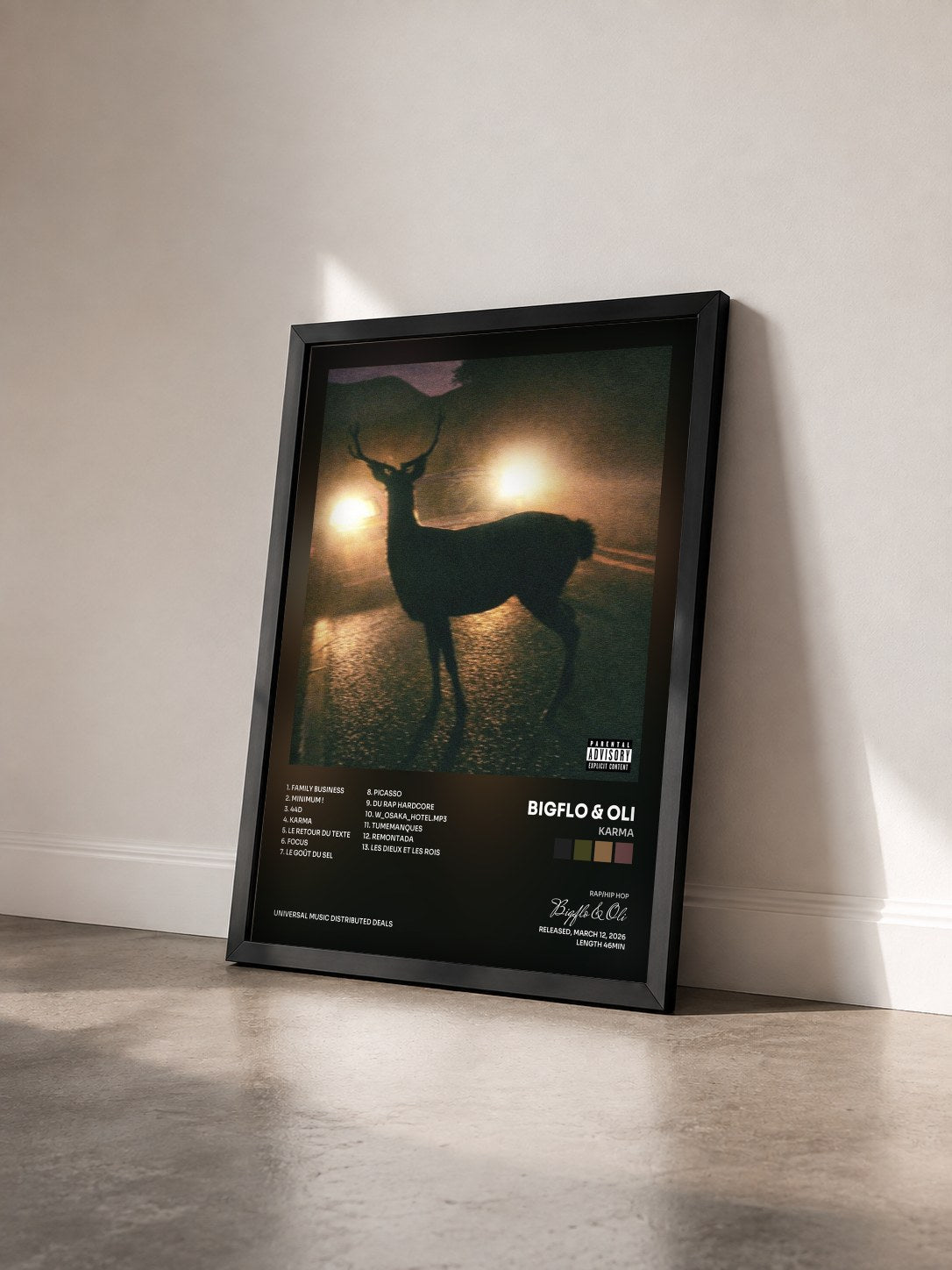 #noir Tableau de l'album Karma de Bigflo & Oli vu de trois quarts, cadre noir
