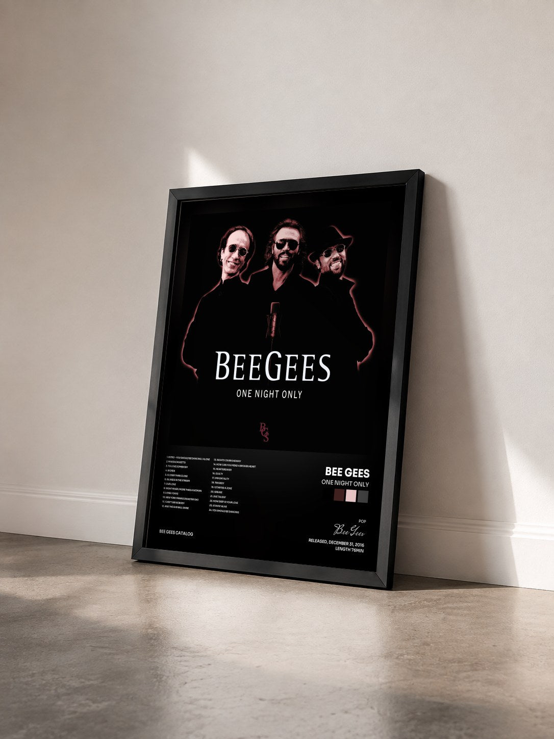 #noir Tableau de l'album One Night Only de Bee Gees vu de trois quarts, cadre noir