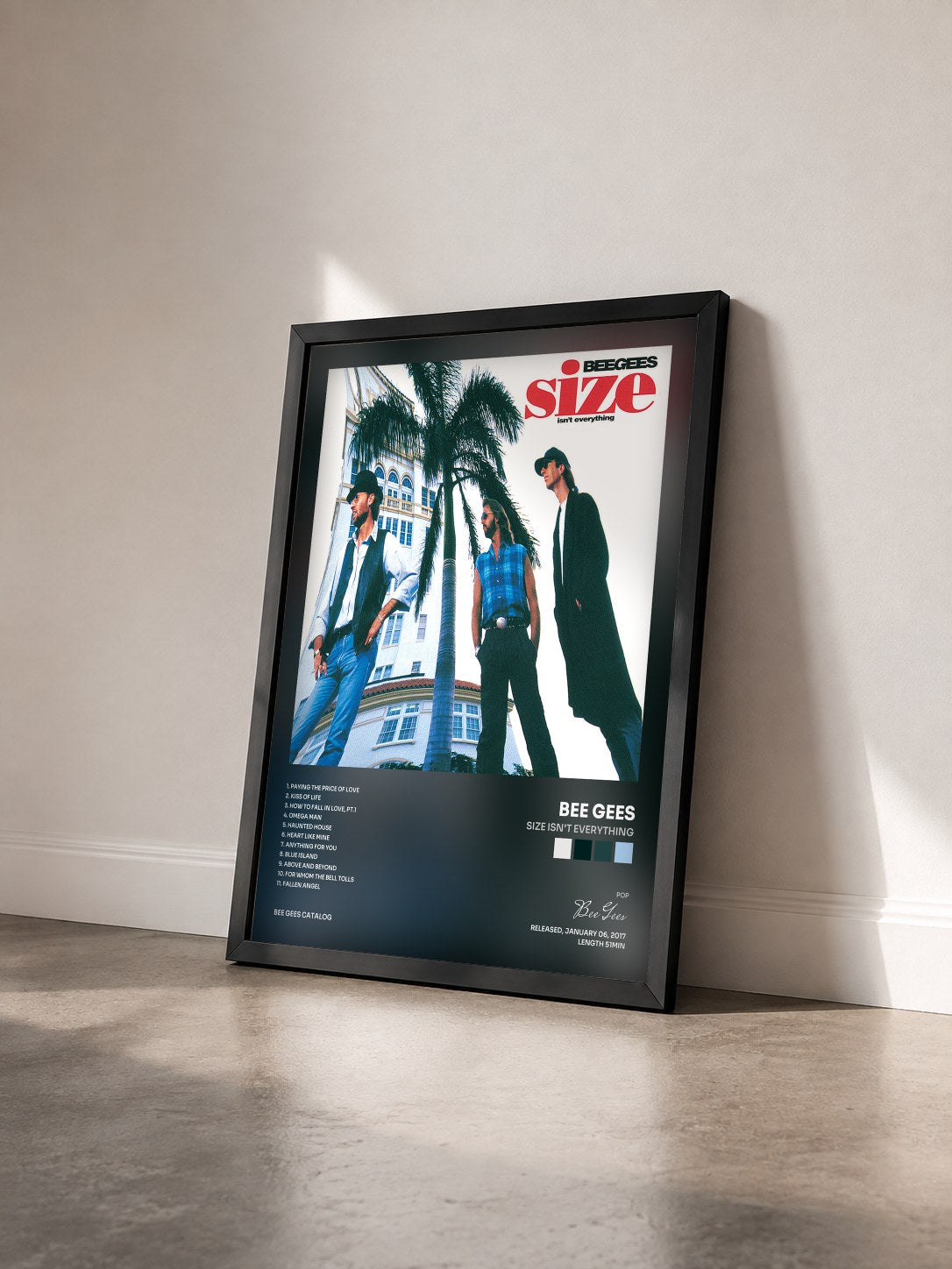 #noir Tableau de l'album Size Isn't Everything de Bee Gees vu de trois quarts, cadre noir