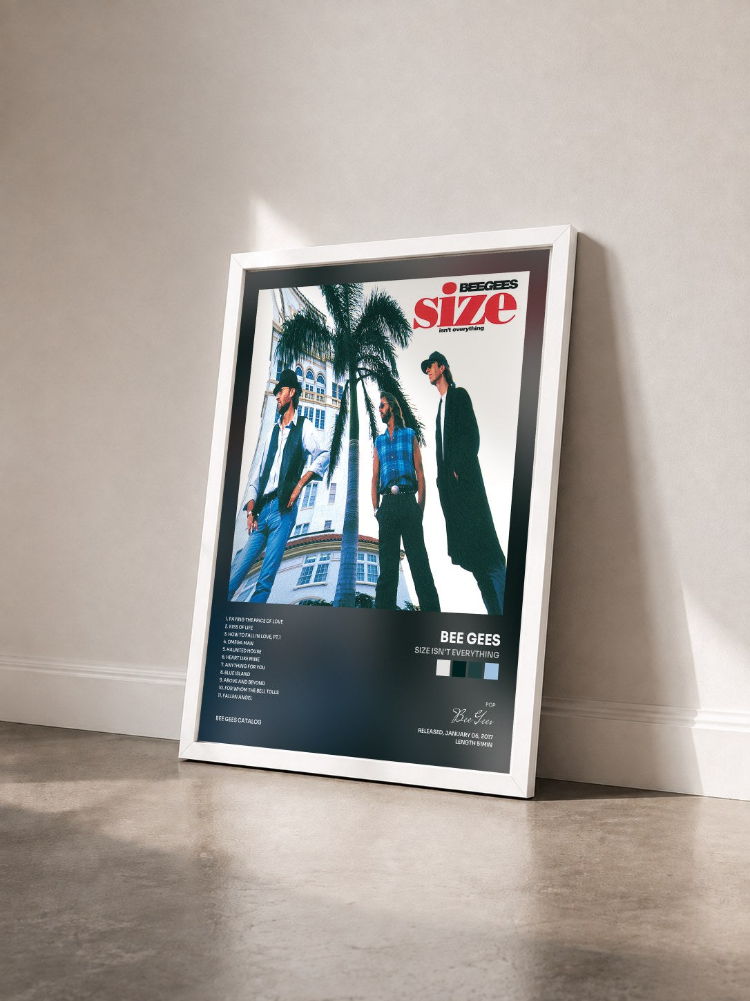 #blanc Tableau de l'album Size Isn't Everything de Bee Gees vu de trois quarts, cadre blanc
