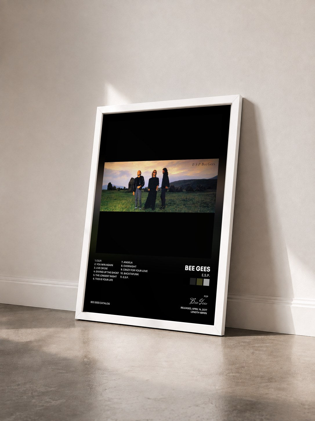 #blanc Tableau de l'album E.S.P. de Bee Gees vu de trois quarts, cadre blanc