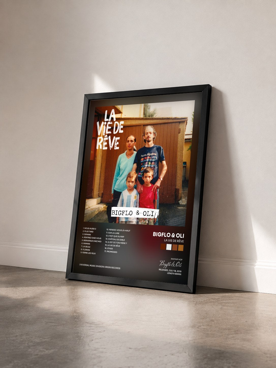#noir La vie by rêve de Bigflo & Oli as a framed art print seen at an angle, black frame