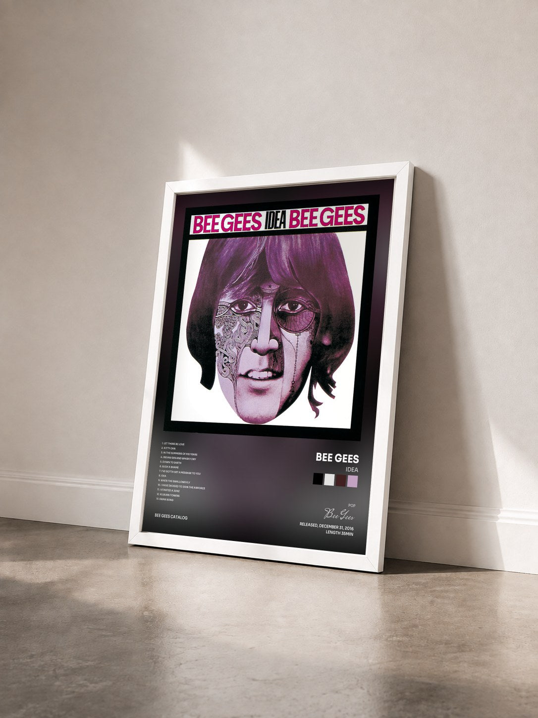 #blanc Tableau de l'album Idea de Bee Gees vu de trois quarts, cadre blanc