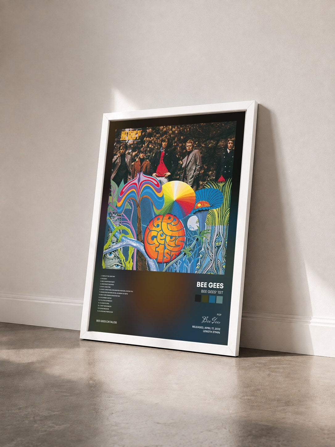 #blanc Tableau de l'album Bee Gees' 1st de Bee Gees vu de trois quarts, cadre blanc