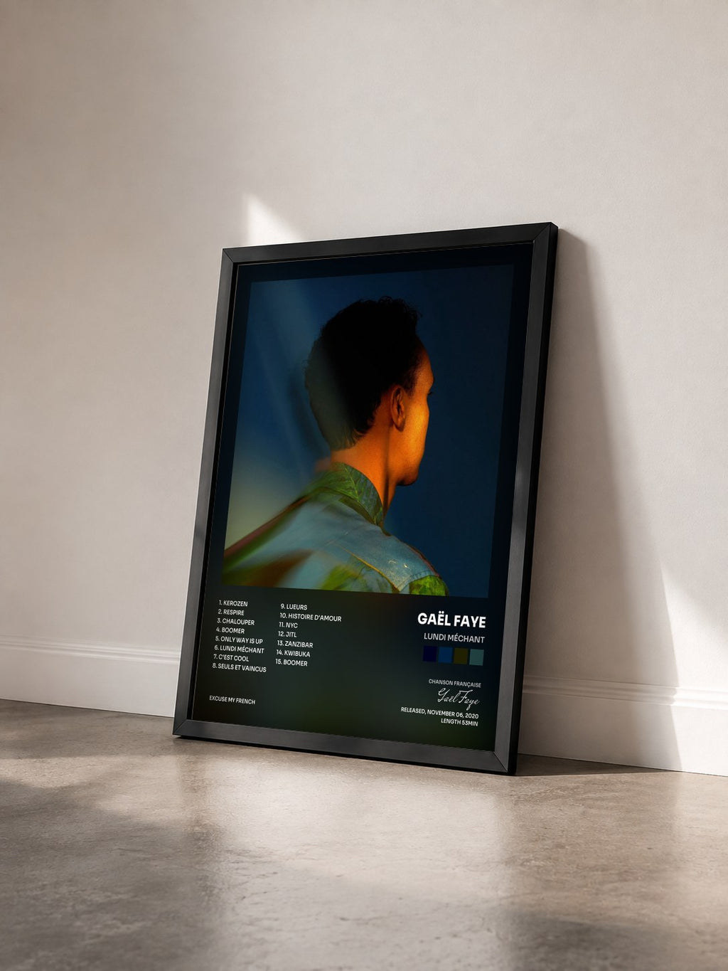 #noir Lundi Méchant by Gaël Faye as a framed art print seen at an angle, black frame