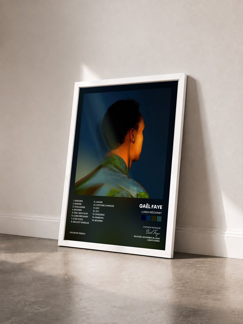 #blanc Lundi Méchant by Gaël Faye as a framed art print seen at an angle, white frame