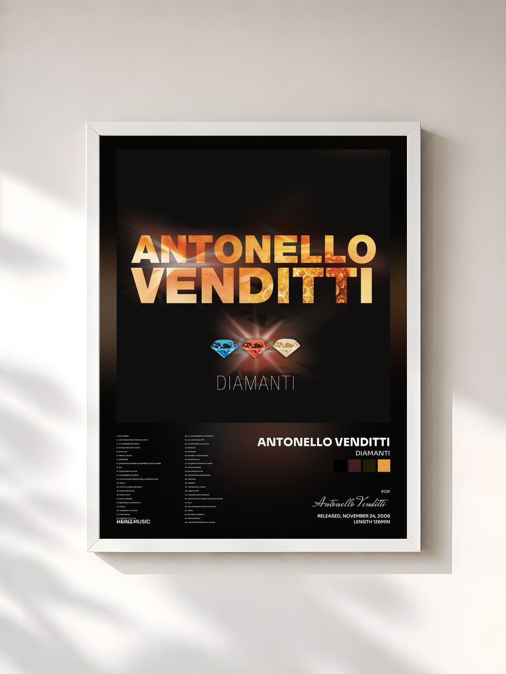 #blanc Tableau de l'album Diamanti de Antonello Venditti, cadre blanc, imprimé et encadré en France