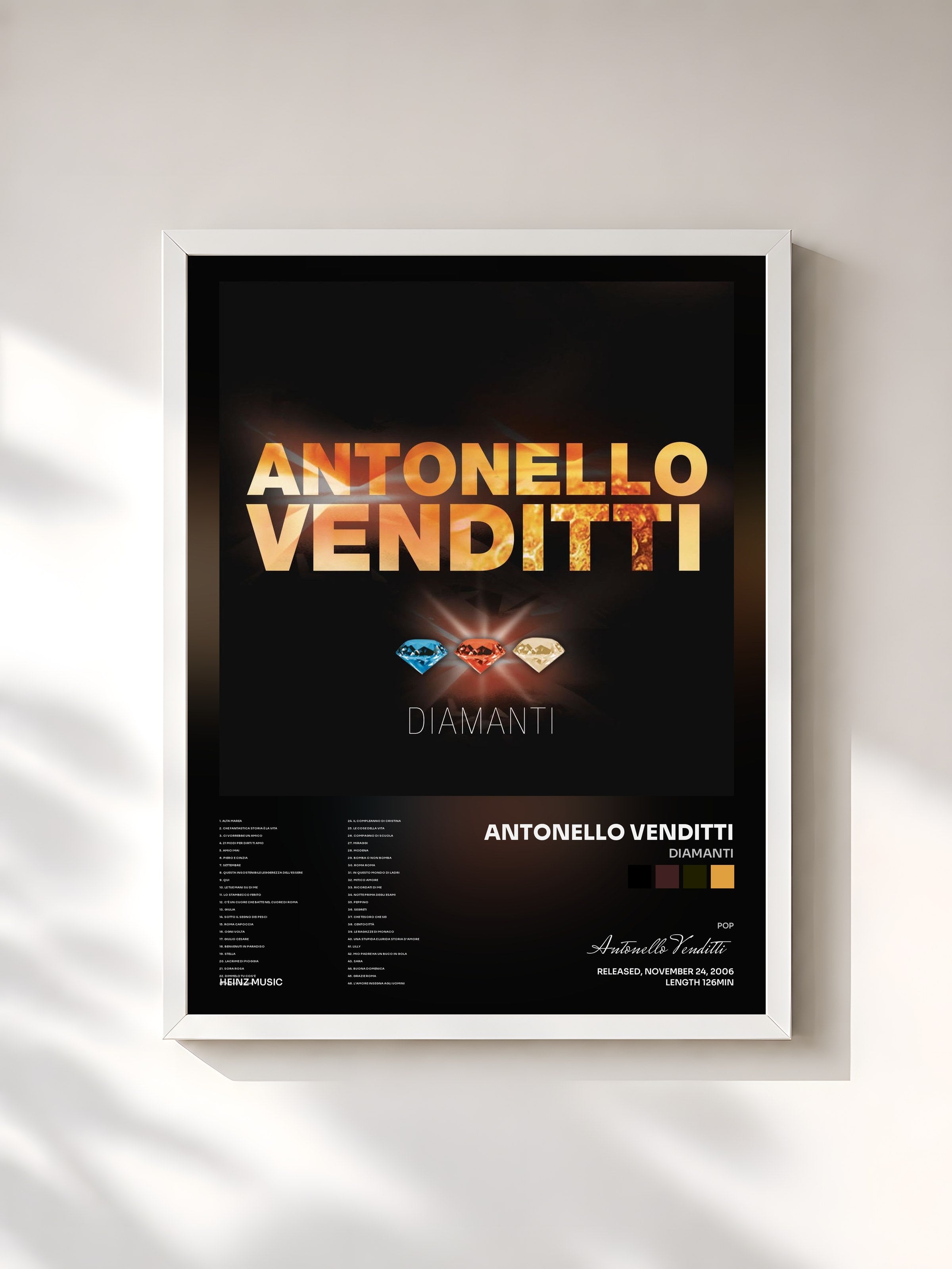 #blanc Tableau de l'album Diamanti de Antonello Venditti, cadre blanc, imprimé et encadré en France