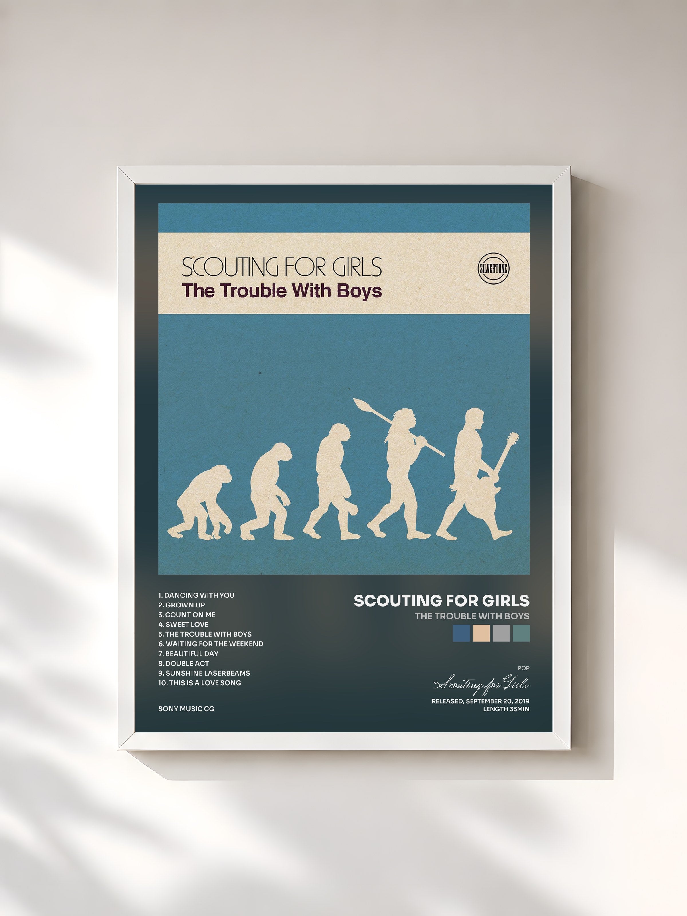 #blanc Tableau de l'album The Trouble with Boys de Scouting for Girls, cadre blanc, imprimé et encadré en France