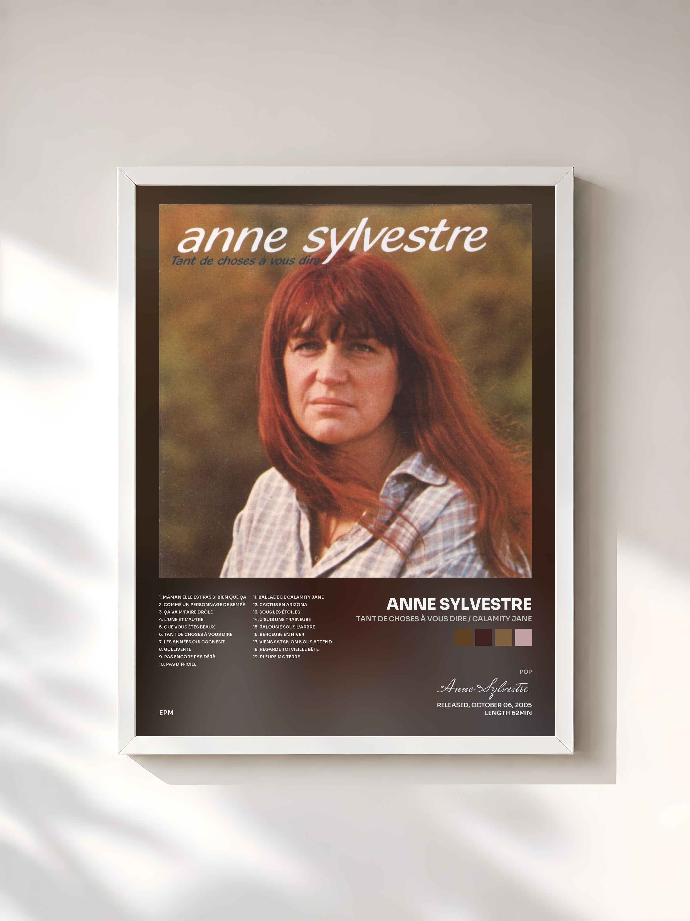 #blanc Tableau de l'album Tant de choses à vous dire / Calamity Jane de Anne Sylvestre, cadre blanc, imprimé et encadré en France