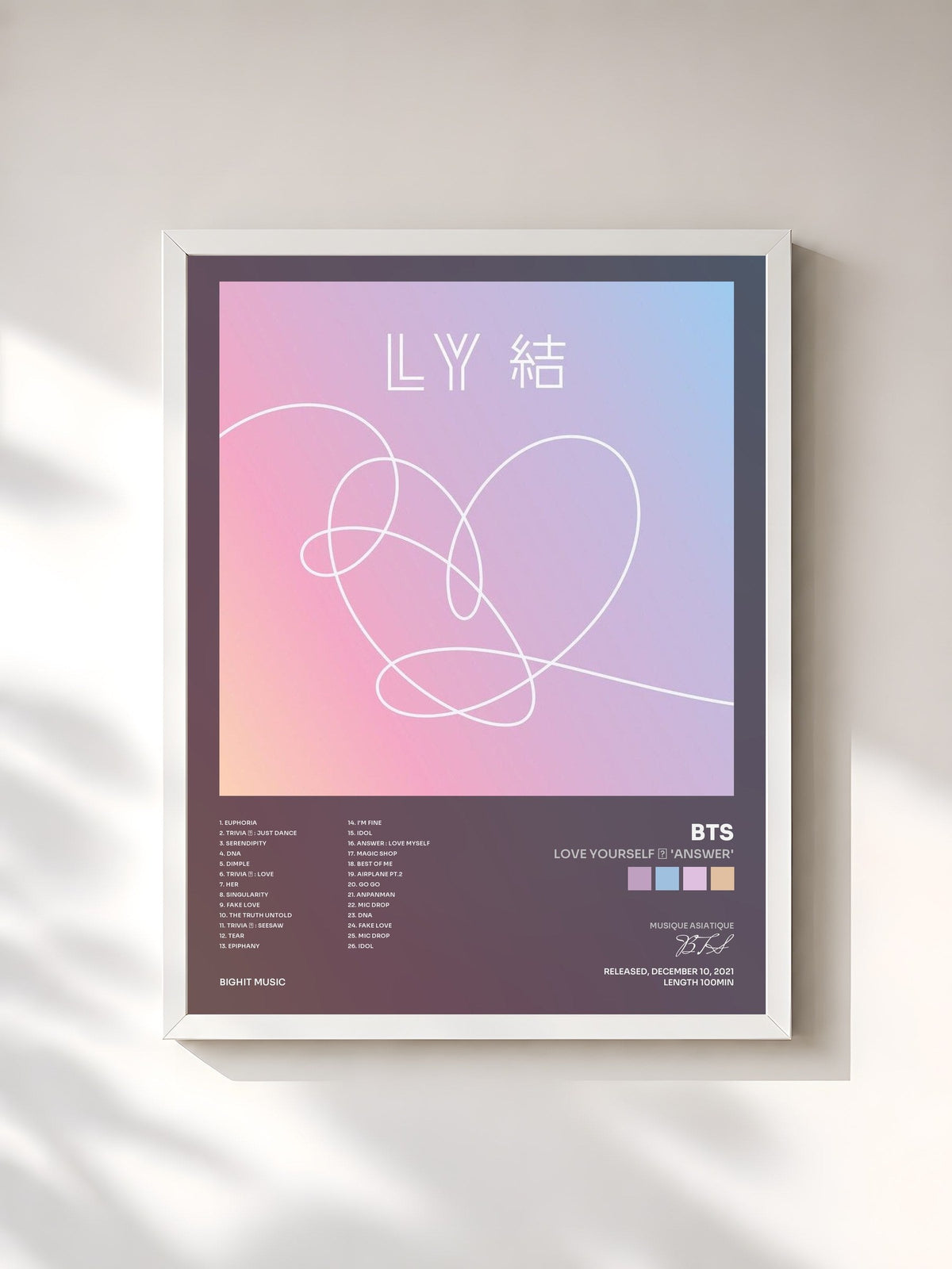 #blanc Tableau de l'album Love Yourself 結 'Answer' de BTS, cadre blanc, imprimé et encadré en France