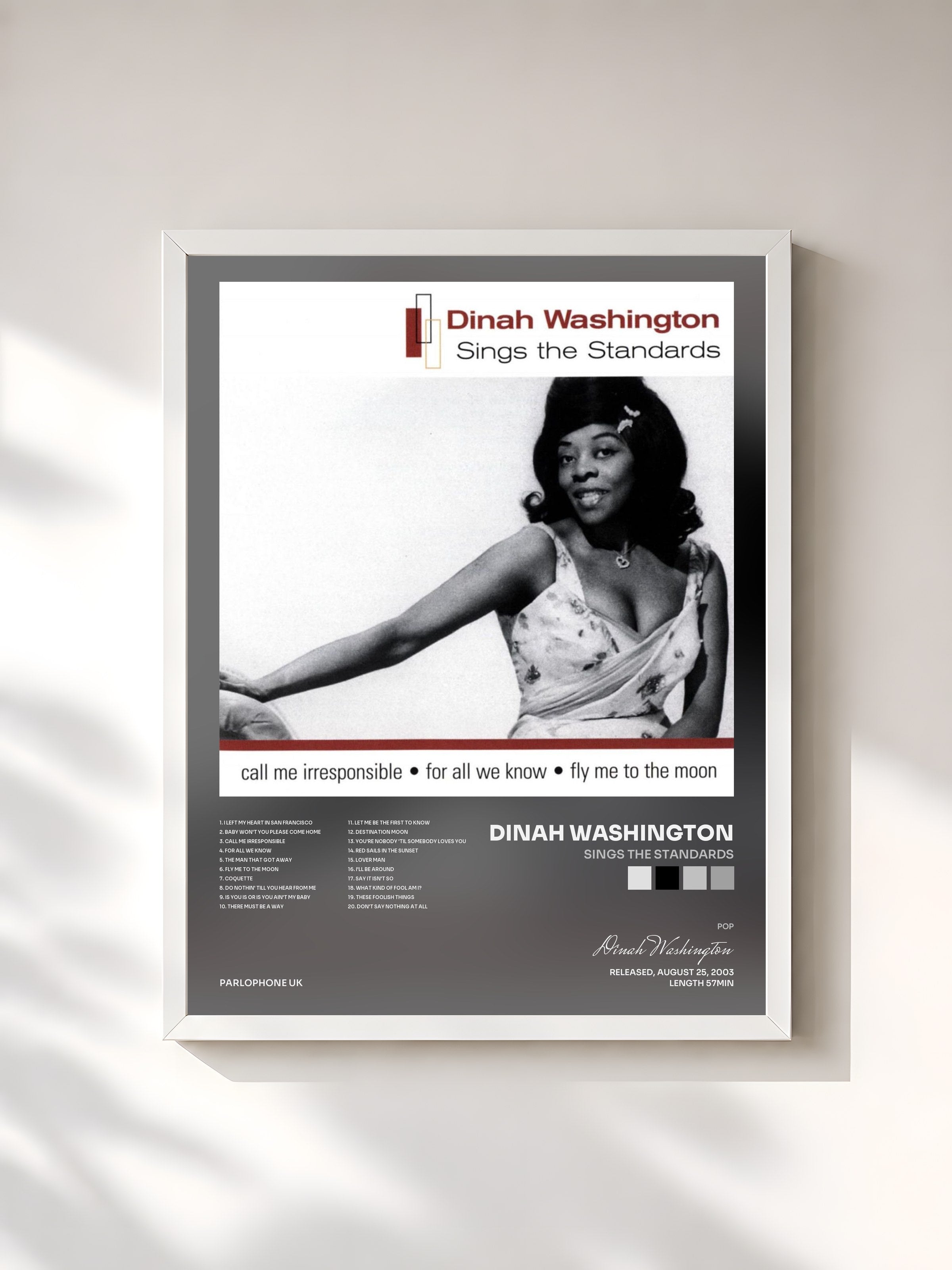 #blanc Tableau de l'album Sings The Standards de Dinah Washington, cadre blanc, imprimé et encadré en France