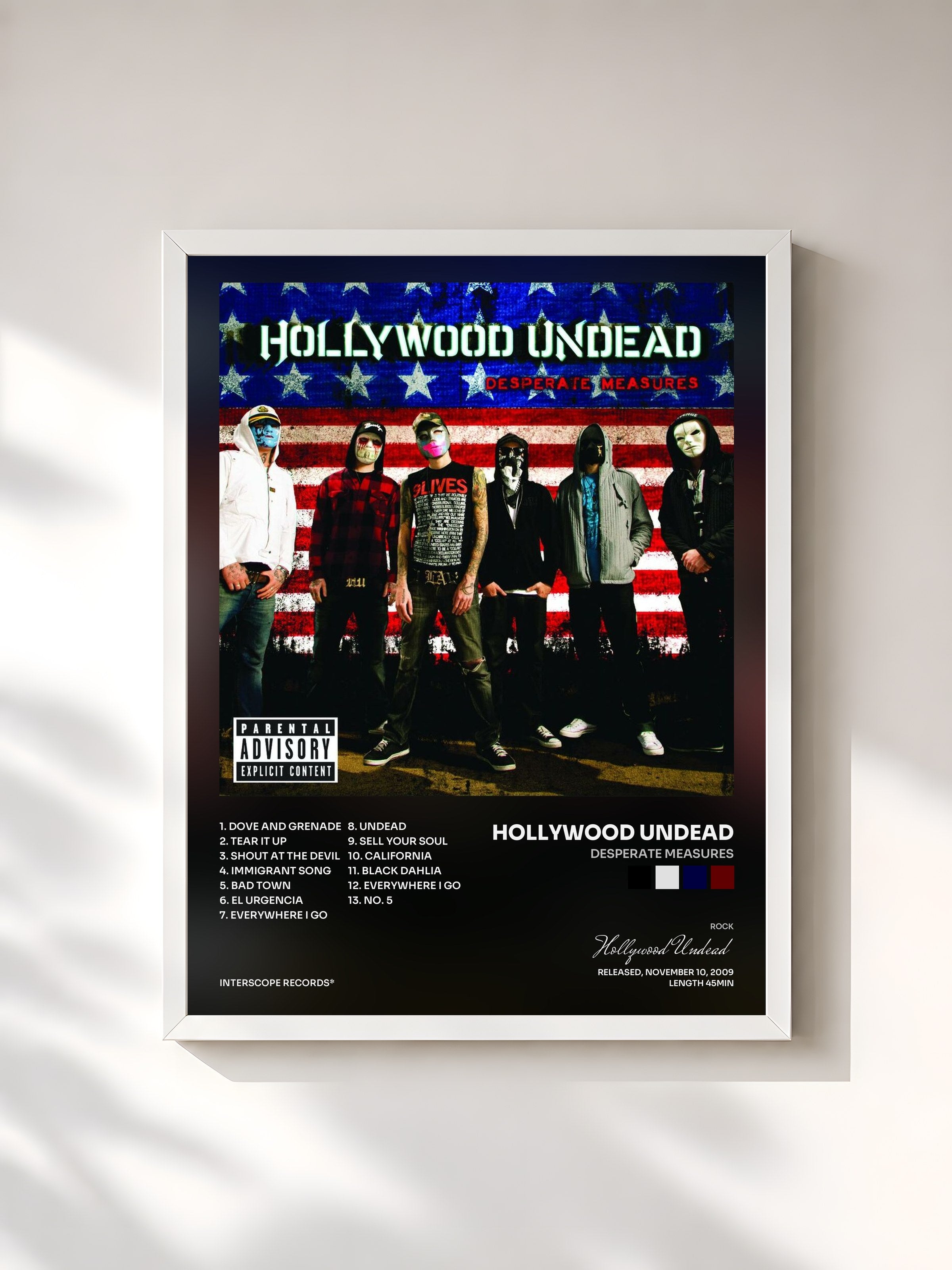 #blanc Tableau de l'album Desperate Measures de Hollywood Undead, cadre blanc, imprimé et encadré en France