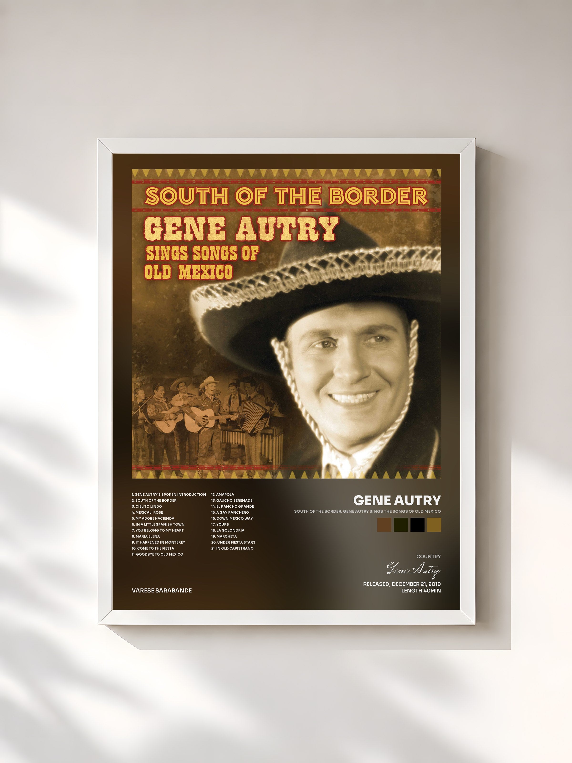 #blanc Tableau de l'album South Of The Border: Gene Autry Sings The Songs Of Old Mexico de Gene Autry, cadre blanc, imprimé et encadré en France