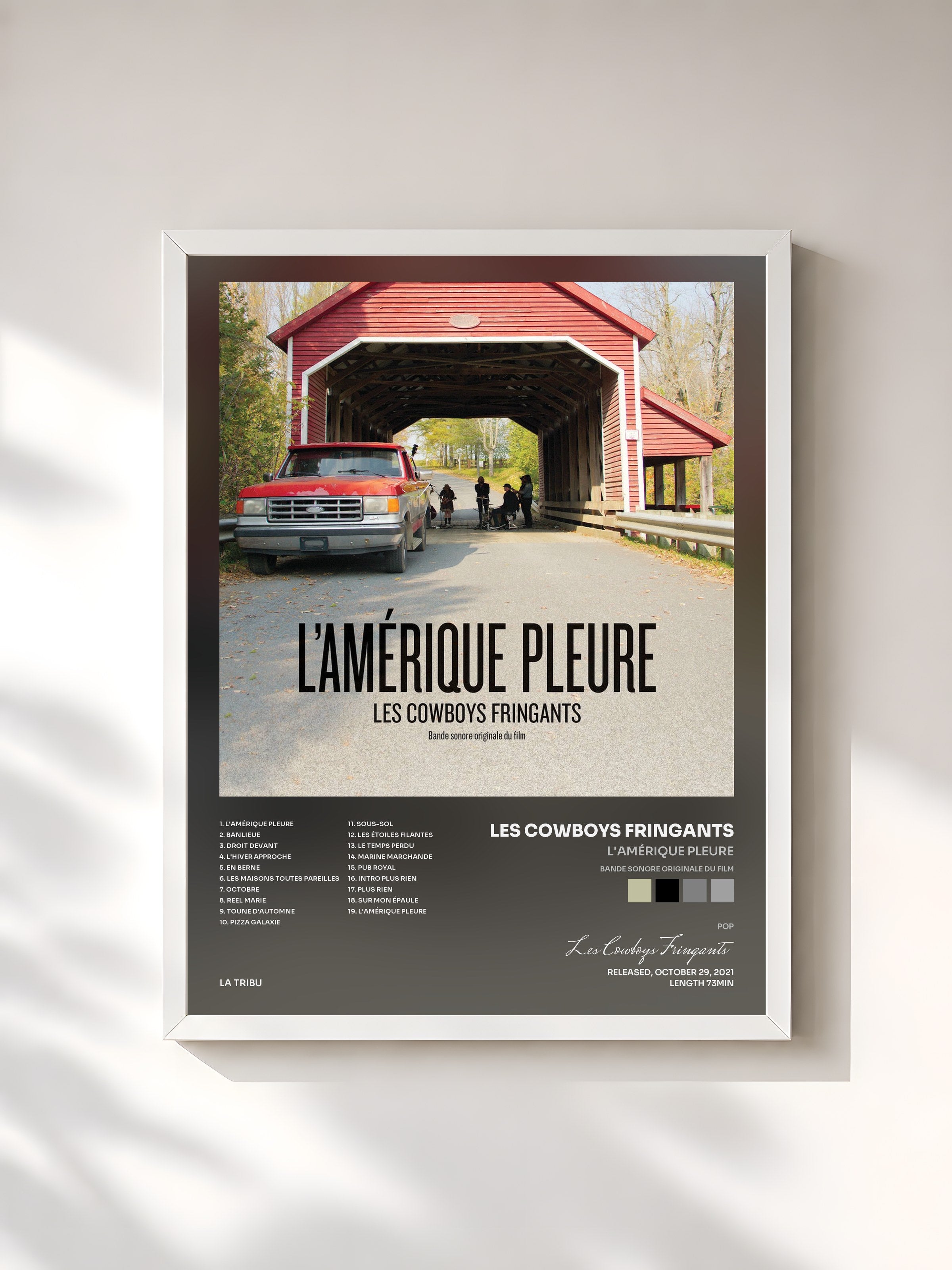 #blanc Tableau de l'album L'Amérique pleure (Bande sonore originale du film) de Les Cowboys Fringants, cadre blanc, imprimé et encadré en France