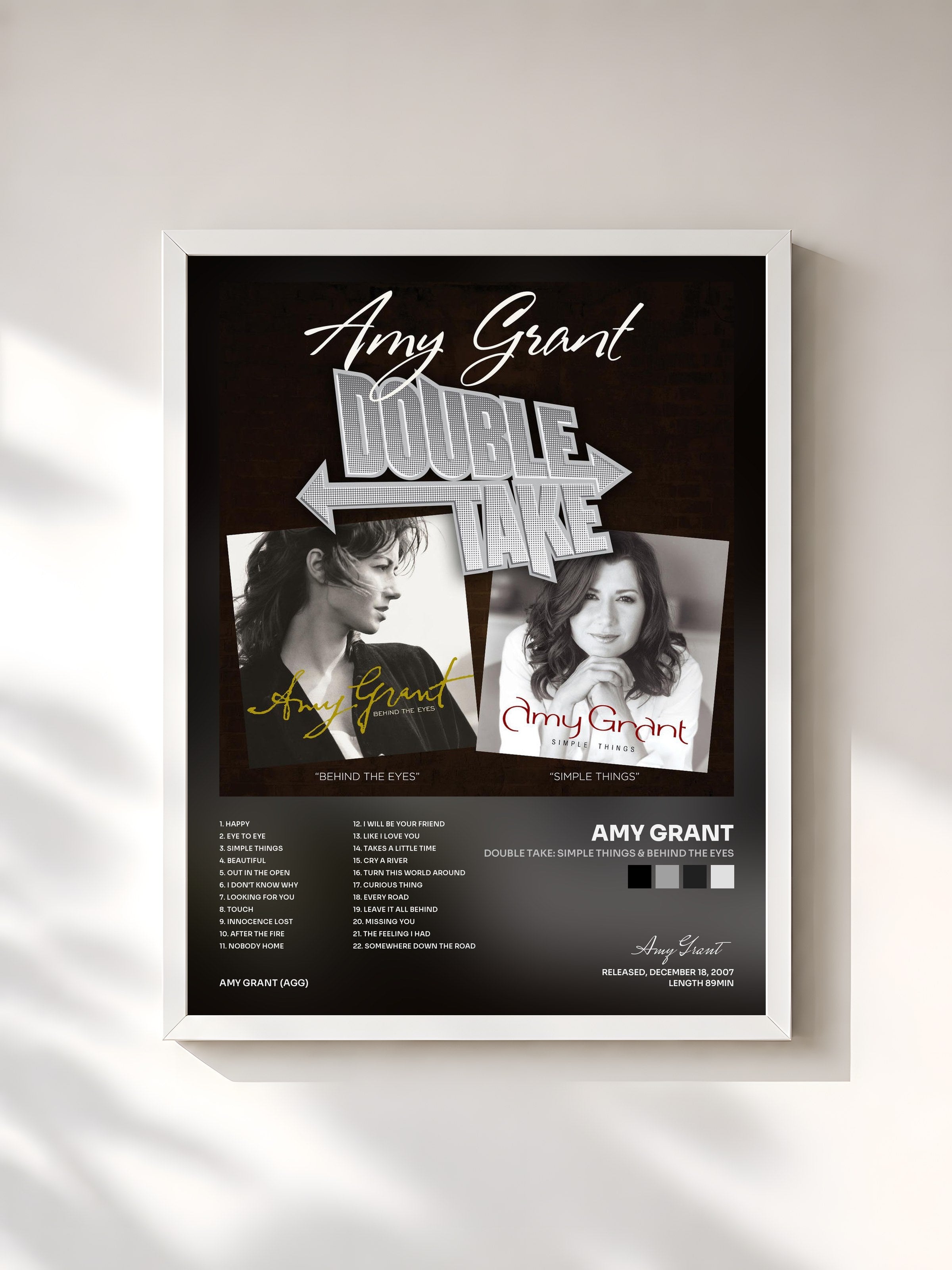 #blanc Tableau de l'album Double Take: Simple Things & Behind The Eyes de Amy Grant, cadre blanc, imprimé et encadré en France