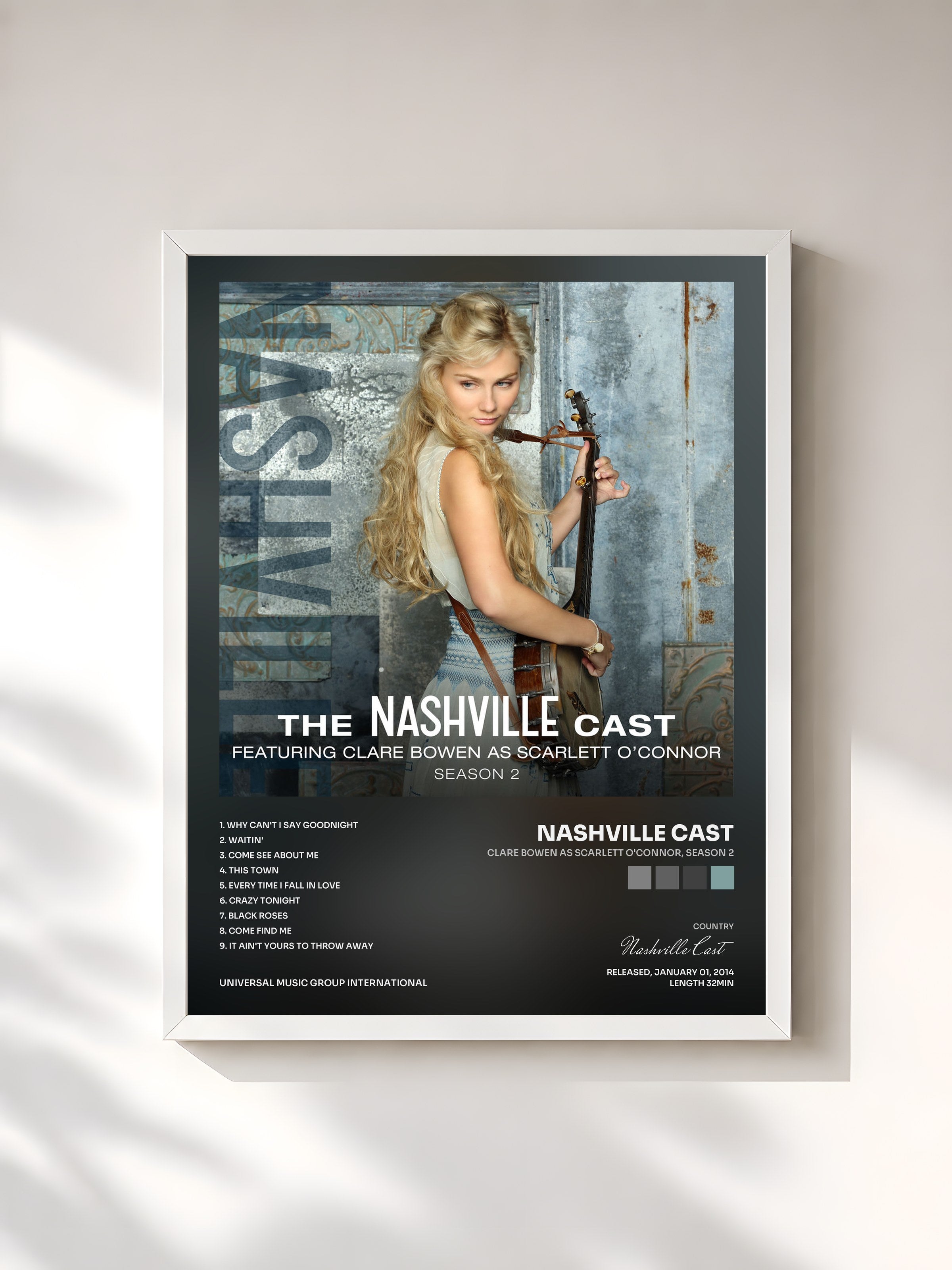 #blanc Tableau de l'album Clare Bowen As Scarlett O'Connor, Season 2 de Nashville Cast, cadre blanc, imprimé et encadré en France