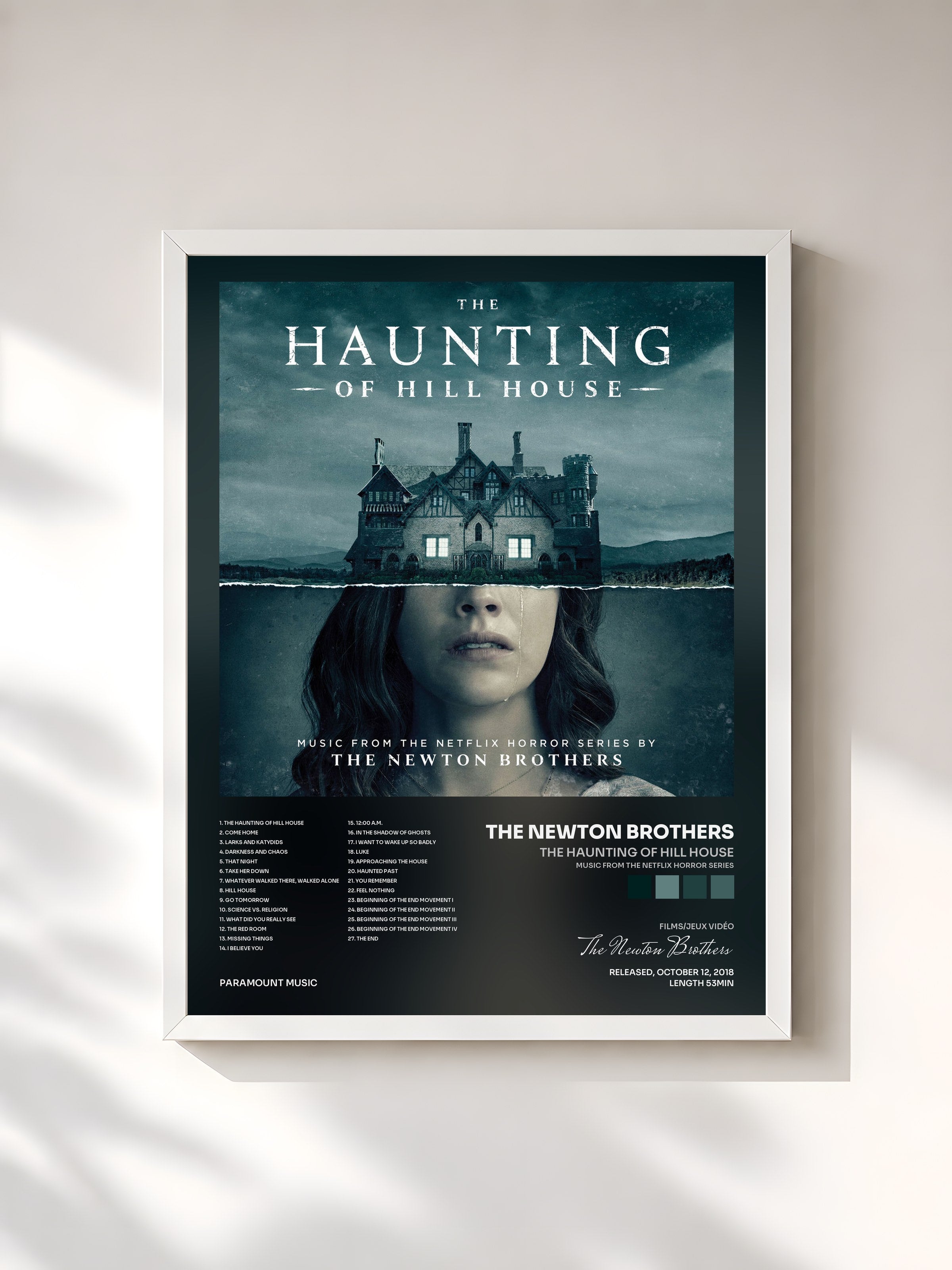 #blanc Tableau de l'album The Haunting of Hill House (Music from the Netflix Horror Series) de The Newton Brothers, cadre blanc, imprimé et encadré en France