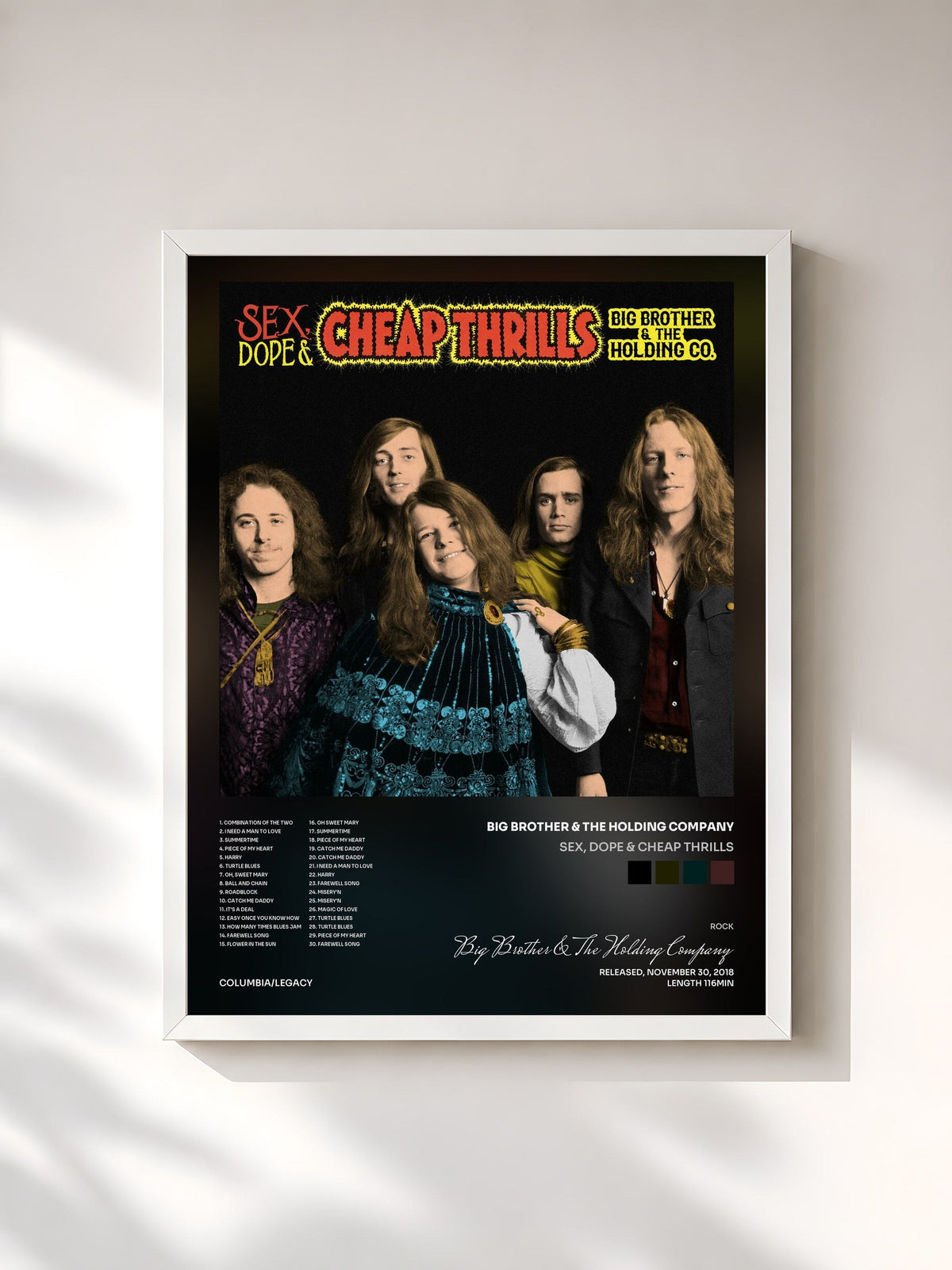 #blanc Sex, Dope & Cheap Thrills von Big Brother & The Holding Company als gerahmter Kunstdruck, weißer Rahmen, gedruckt und gerahmt in Frankreich