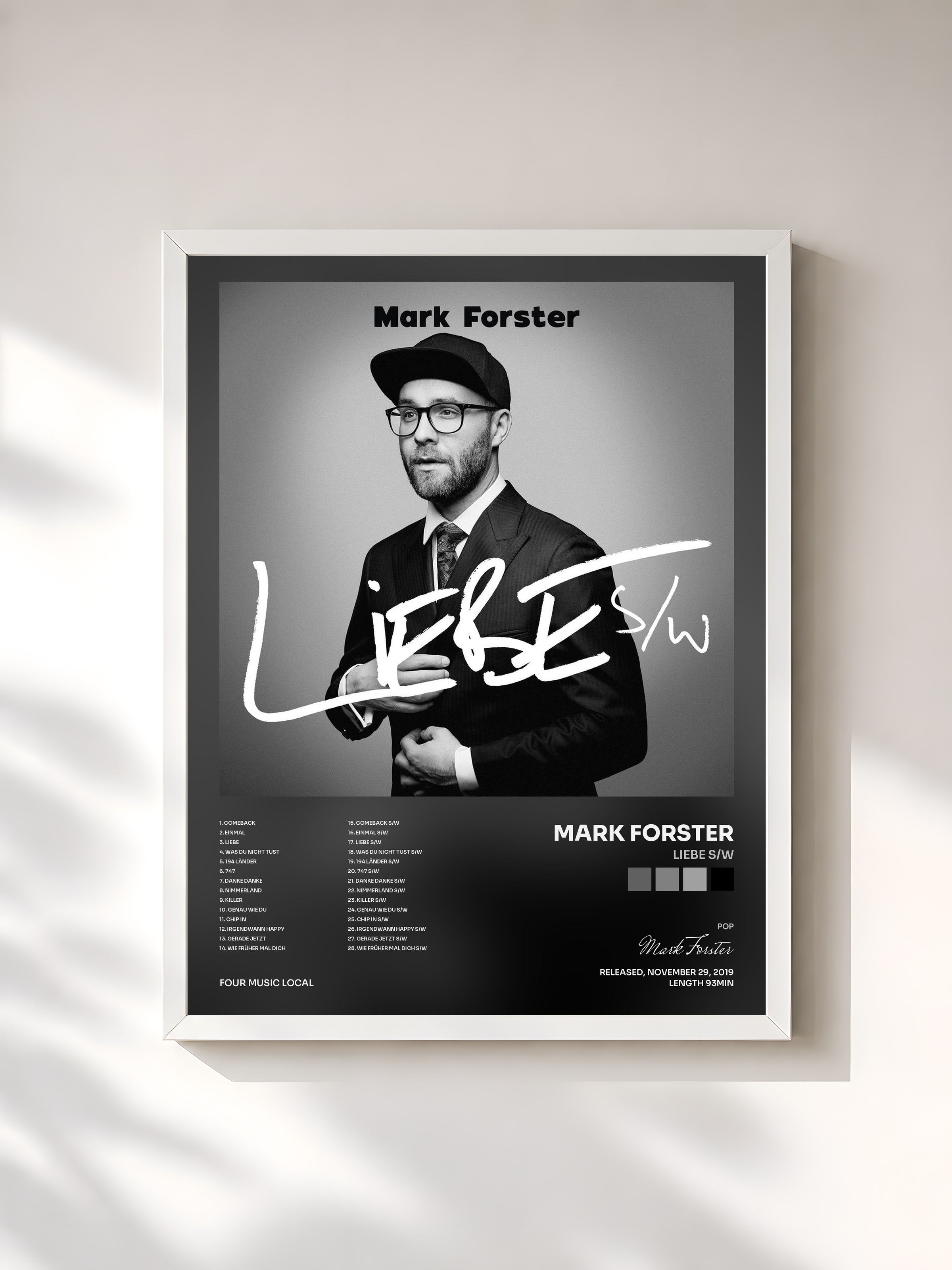 #blanc Tableau de l'album LIEBE s/w de Mark Forster, cadre blanc, imprimé et encadré en France