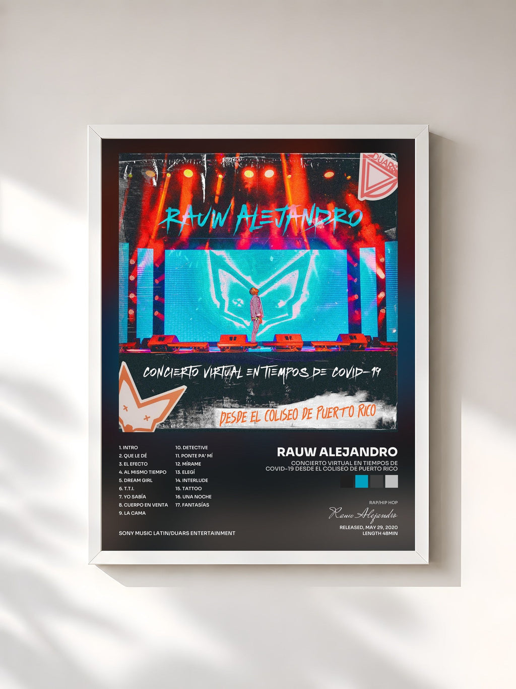 #blanc Concierto Virtual en Tiempos de COVID-19 Desde el Coliseo de Puerto Rico de Rauw Alejandro en lámina enmarcada, marco blanco, impresa y enmarcada en Francia