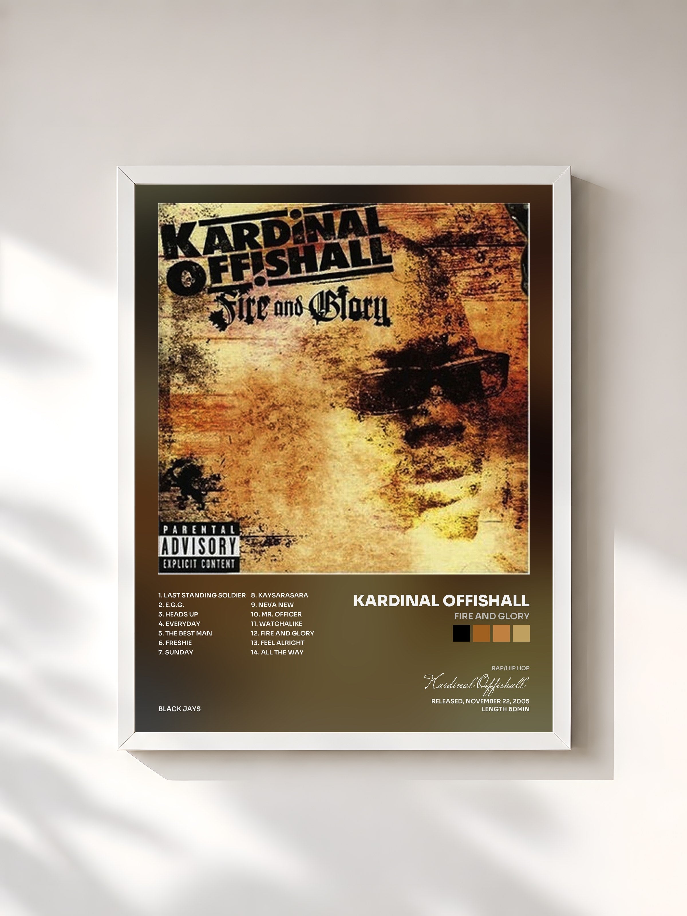 #blanc Tableau de l'album Fire And Glory de Kardinal Offishall, cadre blanc, imprimé et encadré en France