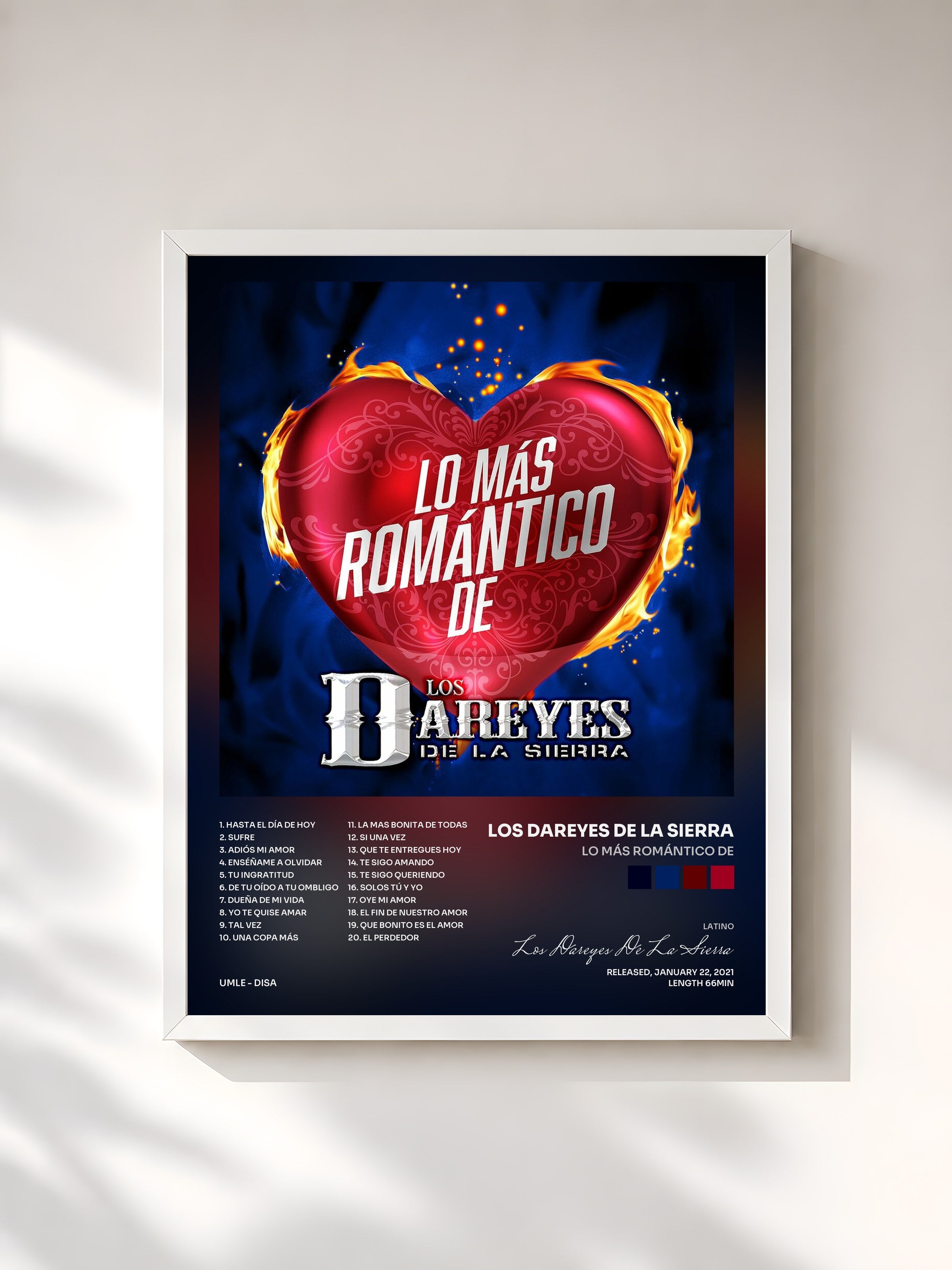 #blanc Tableau de l'album Lo Más Romántico De de Los Dareyes De La Sierra, cadre blanc, imprimé et encadré en France