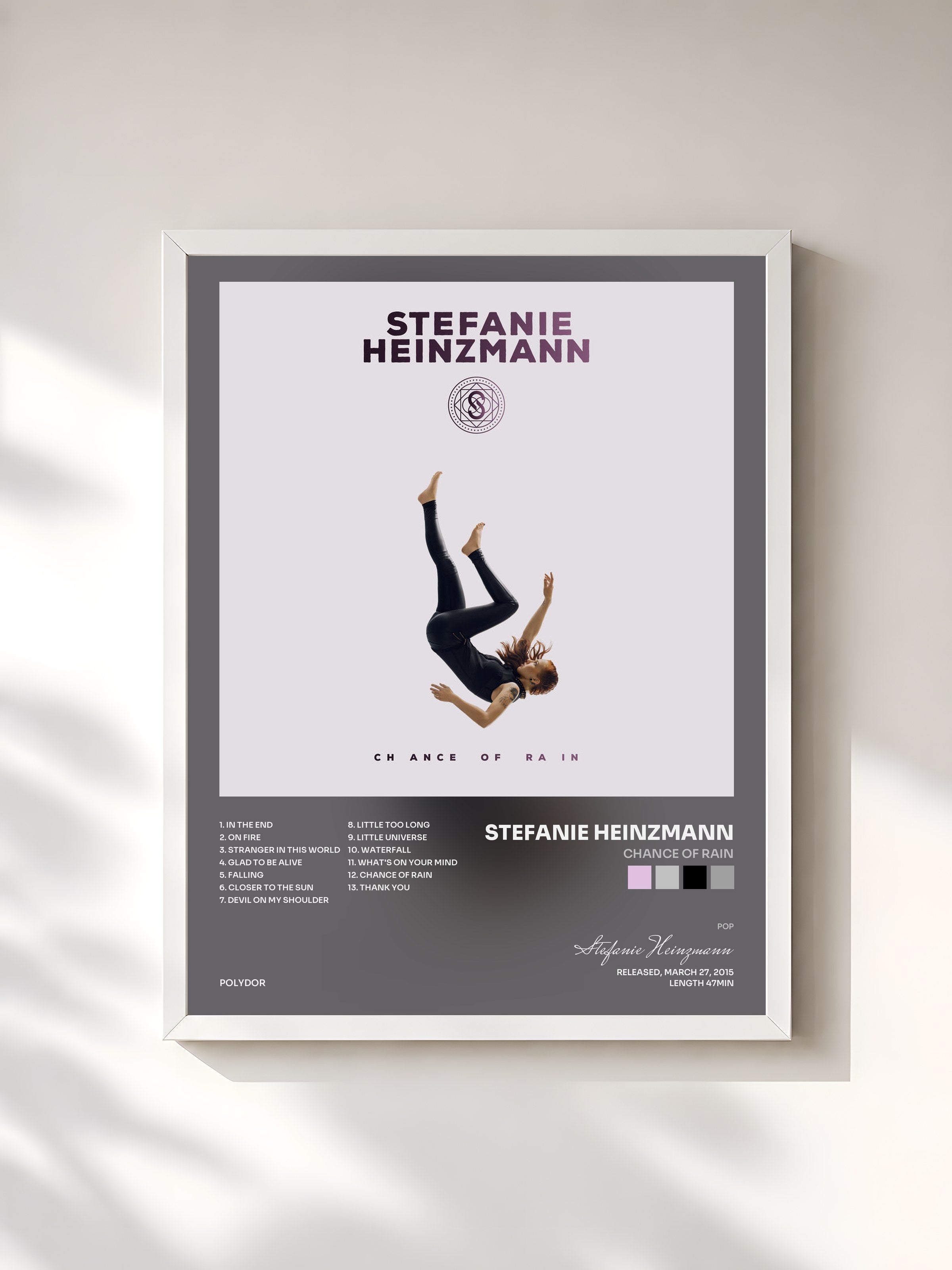 #blanc Tableau de l'album Chance Of Rain de Stefanie Heinzmann, cadre blanc, imprimé et encadré en France