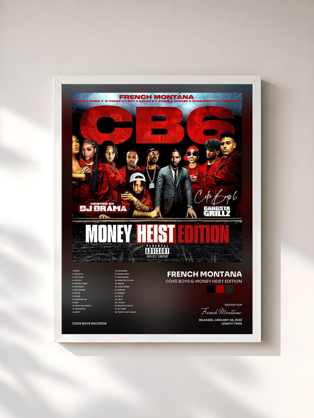 #blanc Tableau de l'album Coke Boys 6: Money Heist Edition de French Montana, cadre blanc, imprimé et encadré en France