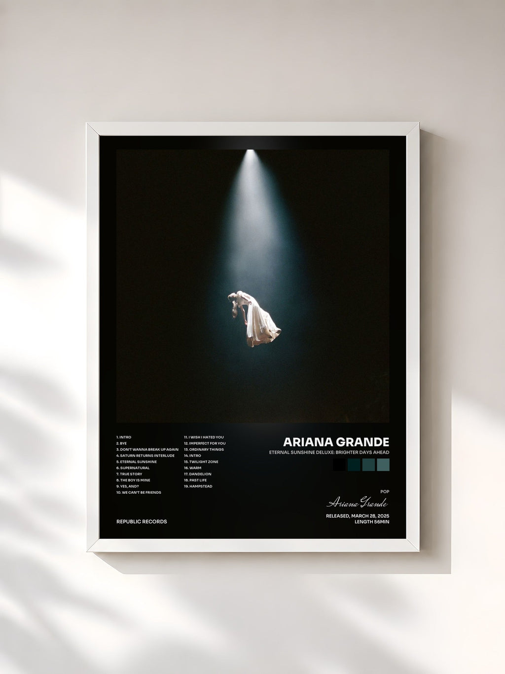 #blanc Tableau de l'album eternal sunshine deluxe: brighter days ahead de Ariana Grande, cadre blanc, imprimé et encadré en France