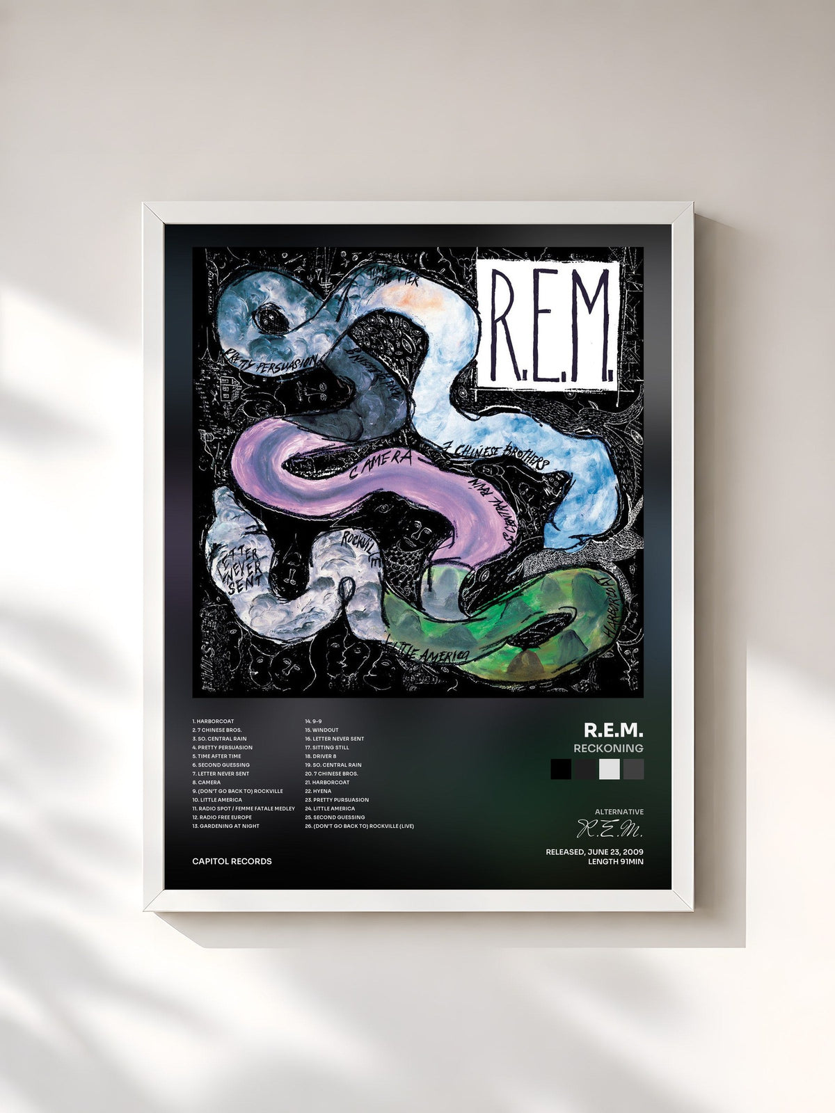 #blanc Tableau de l'album Reckoning de R.E.M., cadre blanc, imprimé et encadré en France