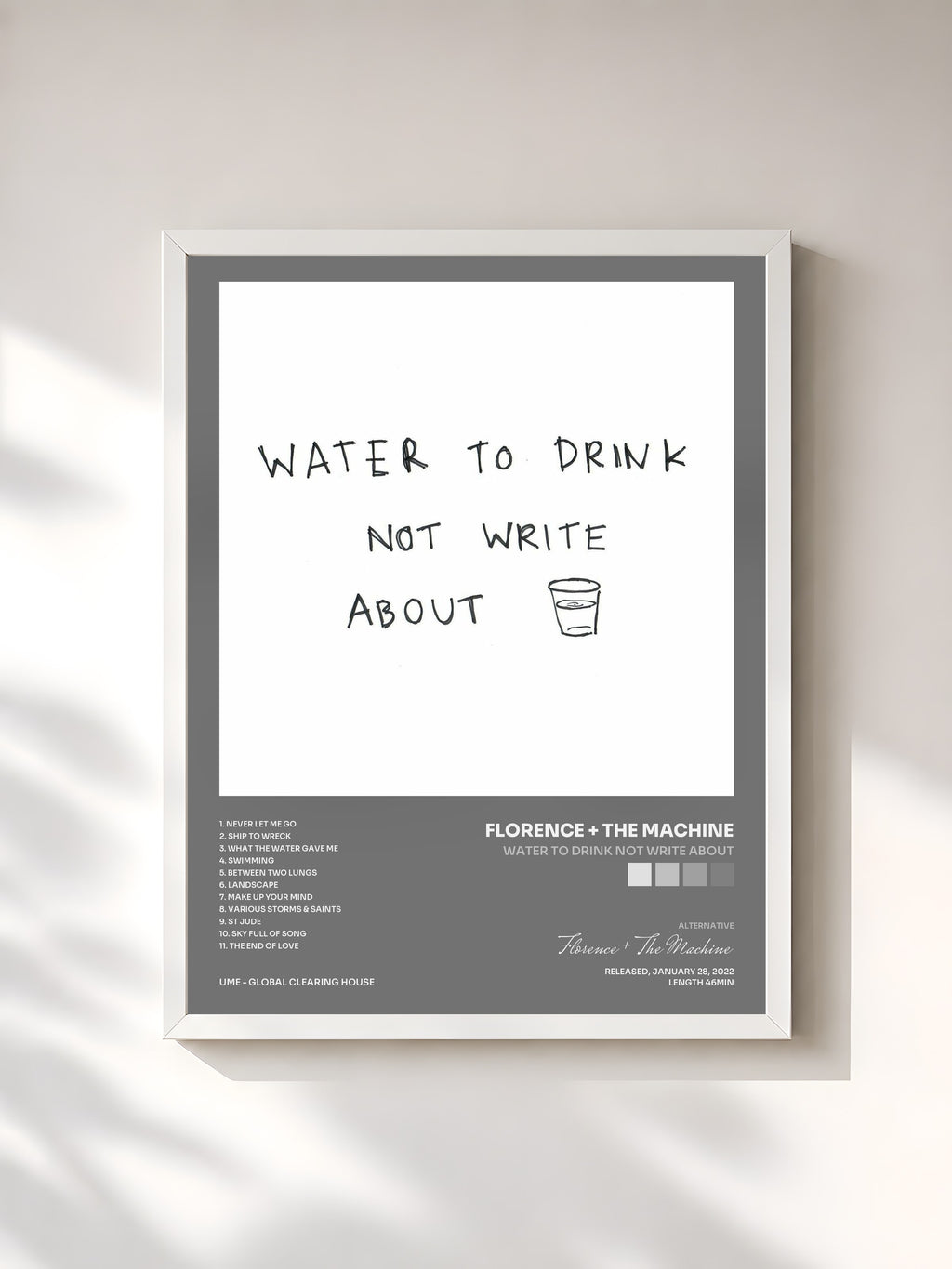 #blanc Tableau de l'album Water To Drink Not Write About de Florence + The Machine, cadre blanc, imprimé et encadré en France