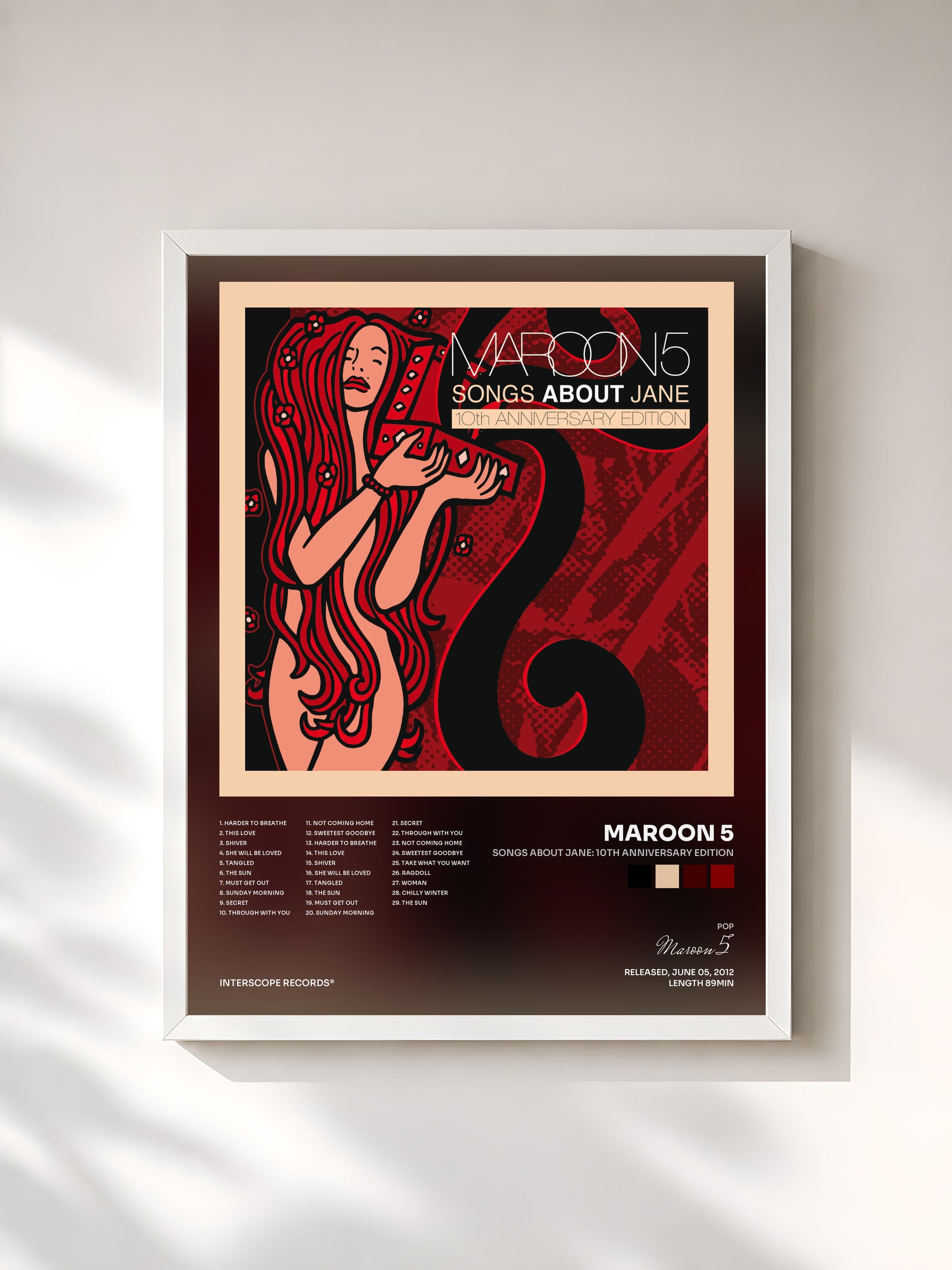 #blanc Songs About Jane: 10th Anniversary Edition by Maroon 5 as a framed art print, white frame, printed and framed in France