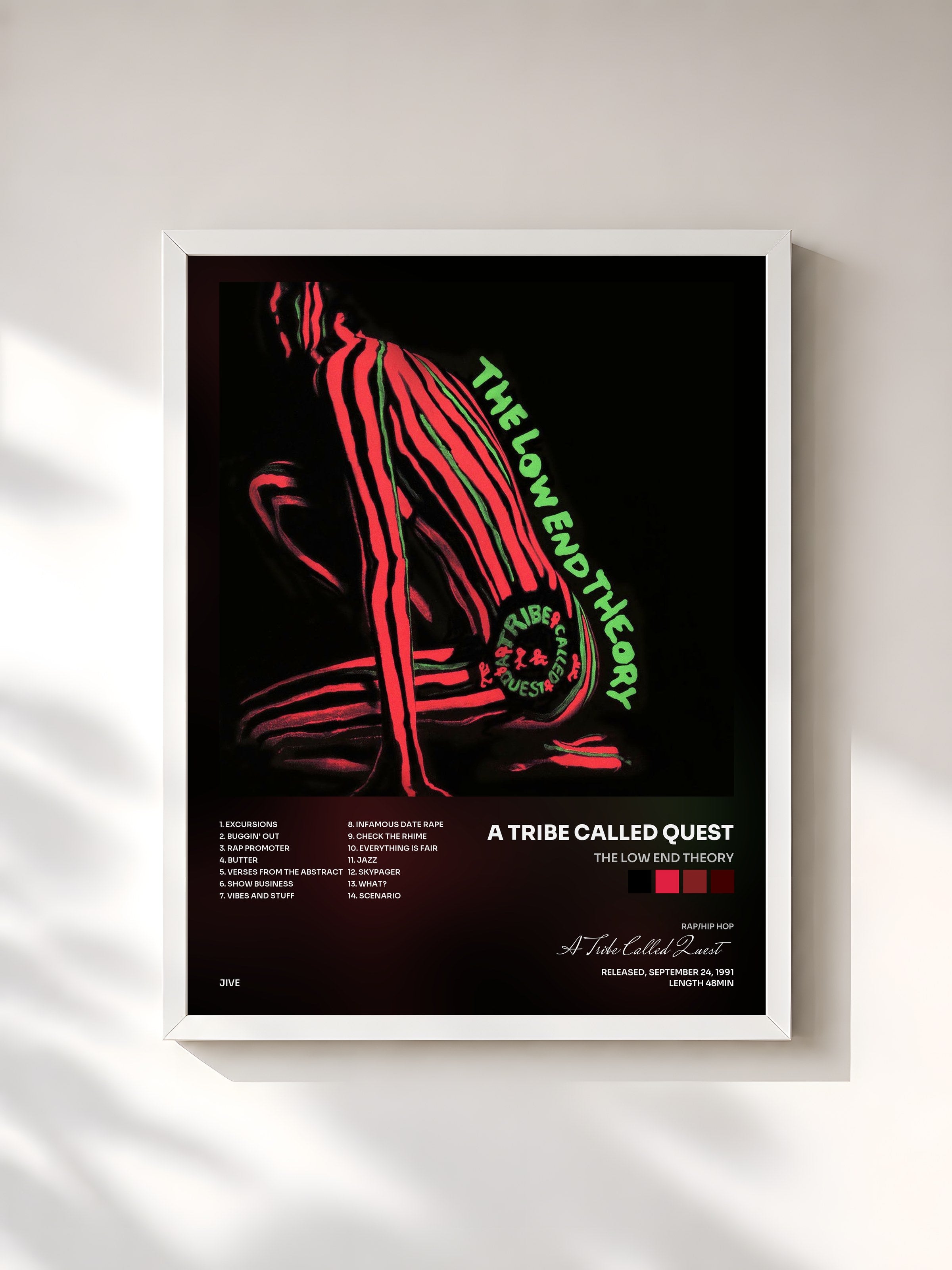 #blanc Tableau de l'album The Low End Theory de A Tribe Called Quest, cadre blanc, imprimé et encadré en France