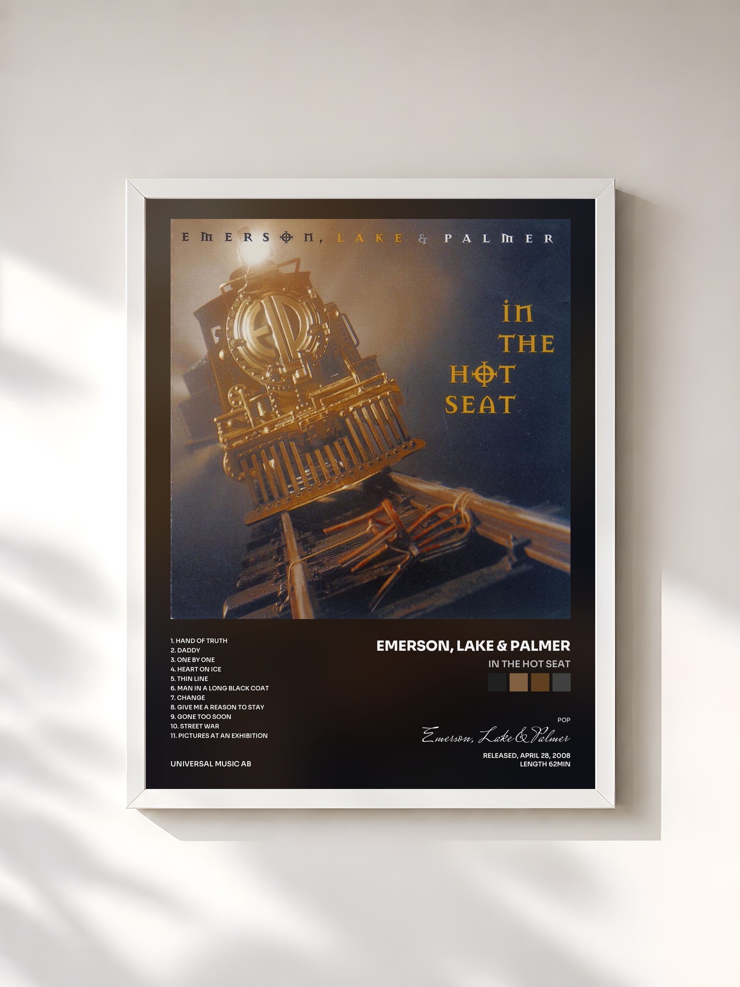 #blanc Tableau de l'album In The Hot Seat de Emerson, Lake & Palmer, cadre blanc, imprimé et encadré en France