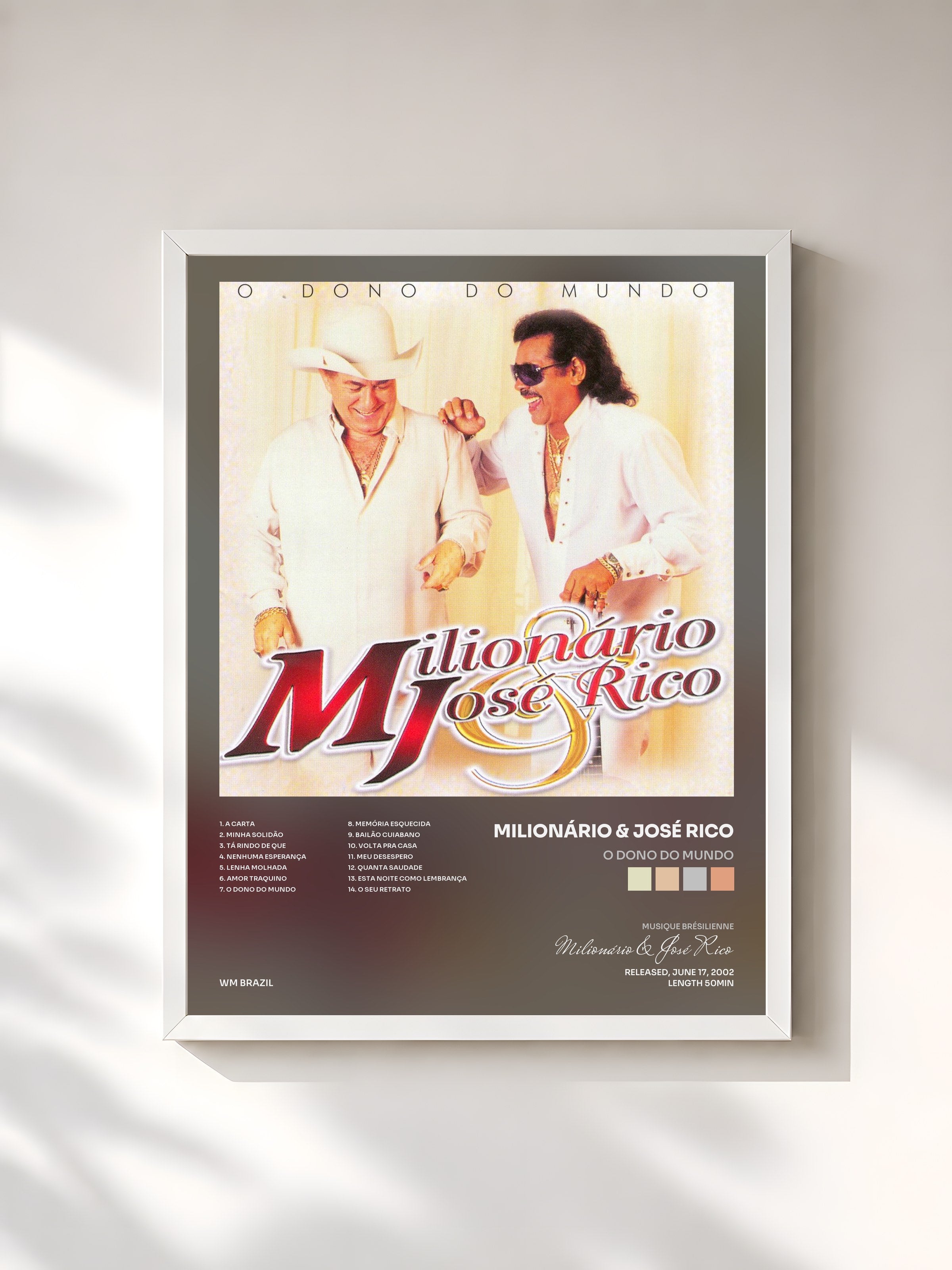 #blanc Tableau de l'album O Dono do Mundo de Milionário & José Rico, cadre blanc, imprimé et encadré en France