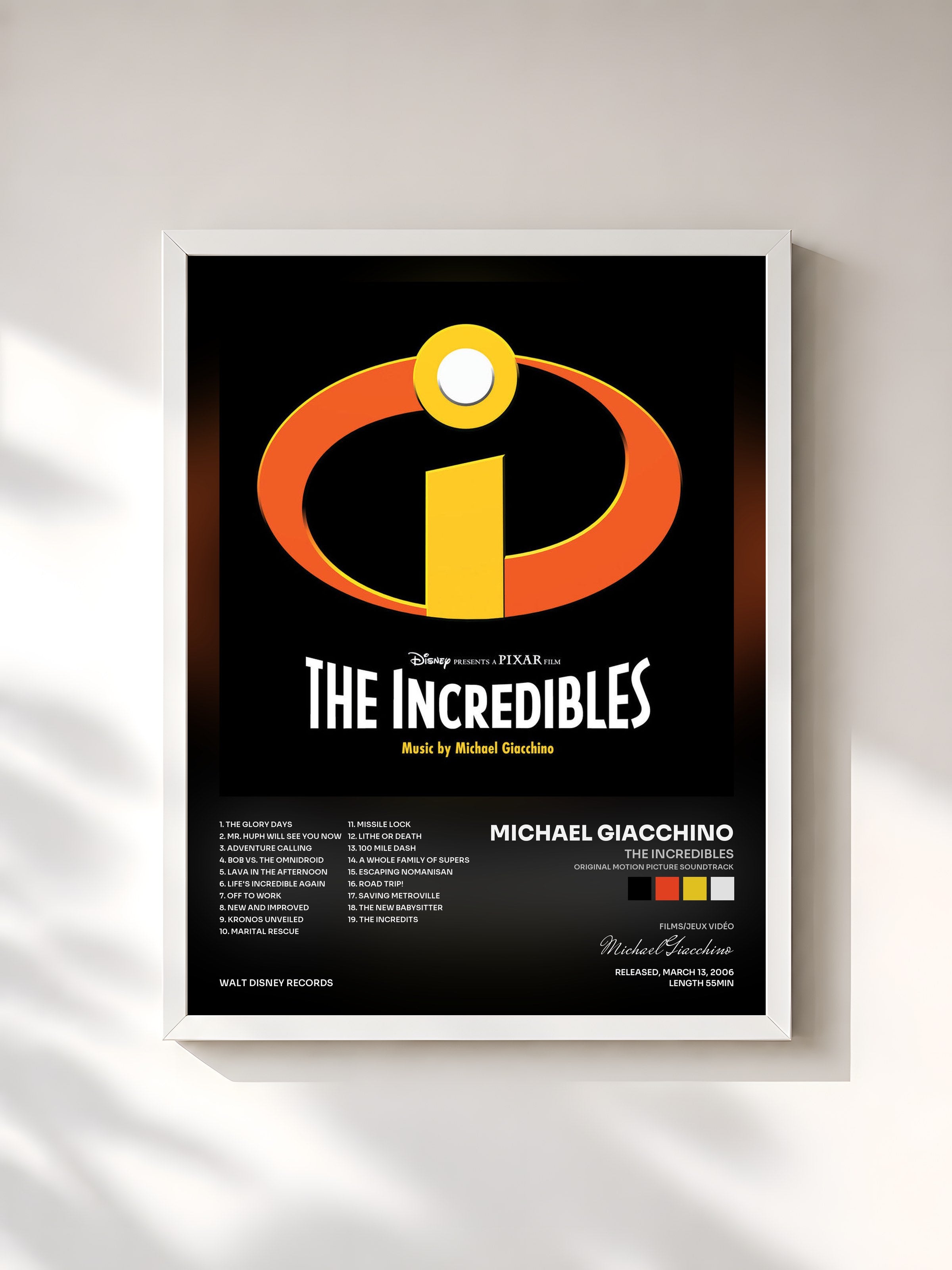 #blanc Tableau de l'album The Incredibles (Original Motion Picture Soundtrack) de Michael Giacchino, cadre blanc, imprimé et encadré en France
