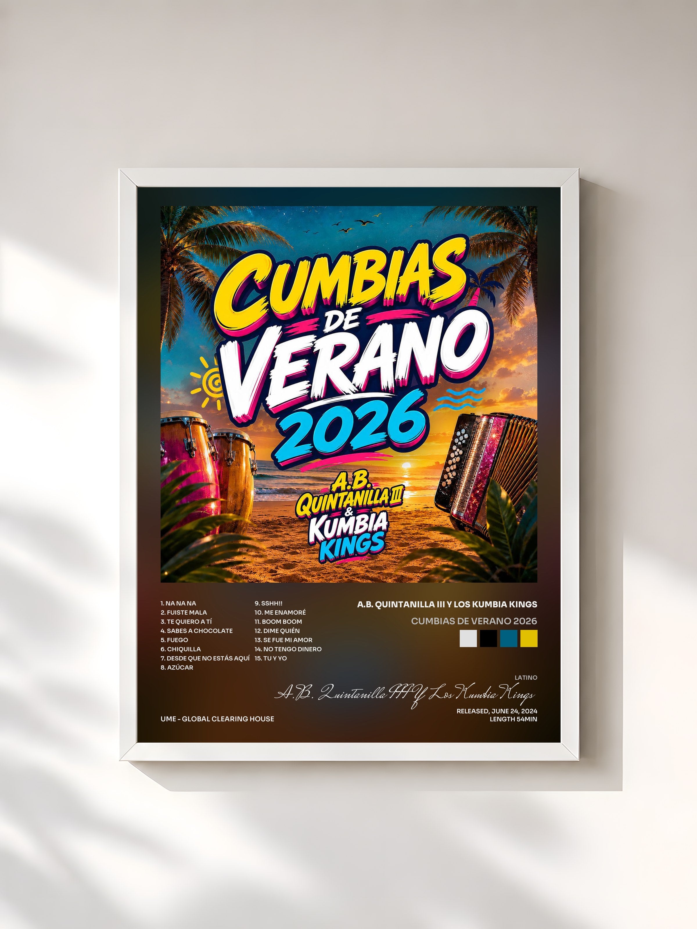 #blanc Tableau de l'album CUMBIAS DE VERANO 2026 de A.B. Quintanilla III Y Los Kumbia Kings, cadre blanc, imprimé et encadré en France